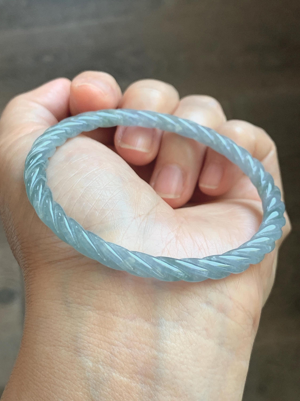 Certified Natural Grade A Guatemalan Icy Translucent Pastel Dusty Blue Jade Jadeite Carved Braid Slim Bangle 57.8mm 7.14” 天然冰危浅灰蓝翡翠细麻花手镯 193