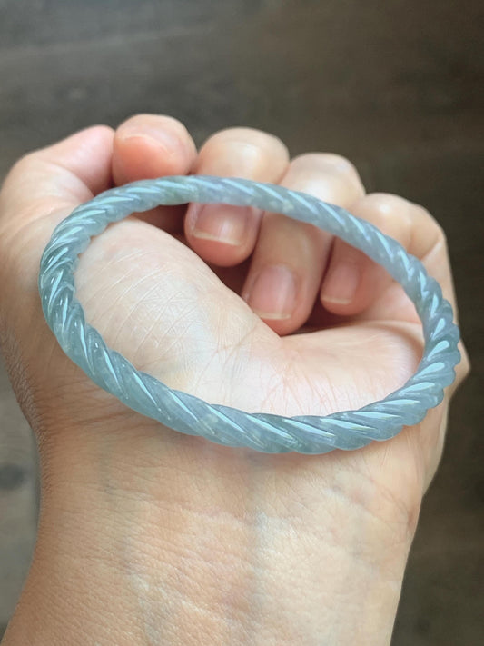 Certified Natural Grade A Guatemalan Icy Translucent Pastel Dusty Blue Jade Jadeite Carved Braid Slim Bangle 57.8mm 7.14” 天然冰危浅灰蓝翡翠细麻花手镯 193