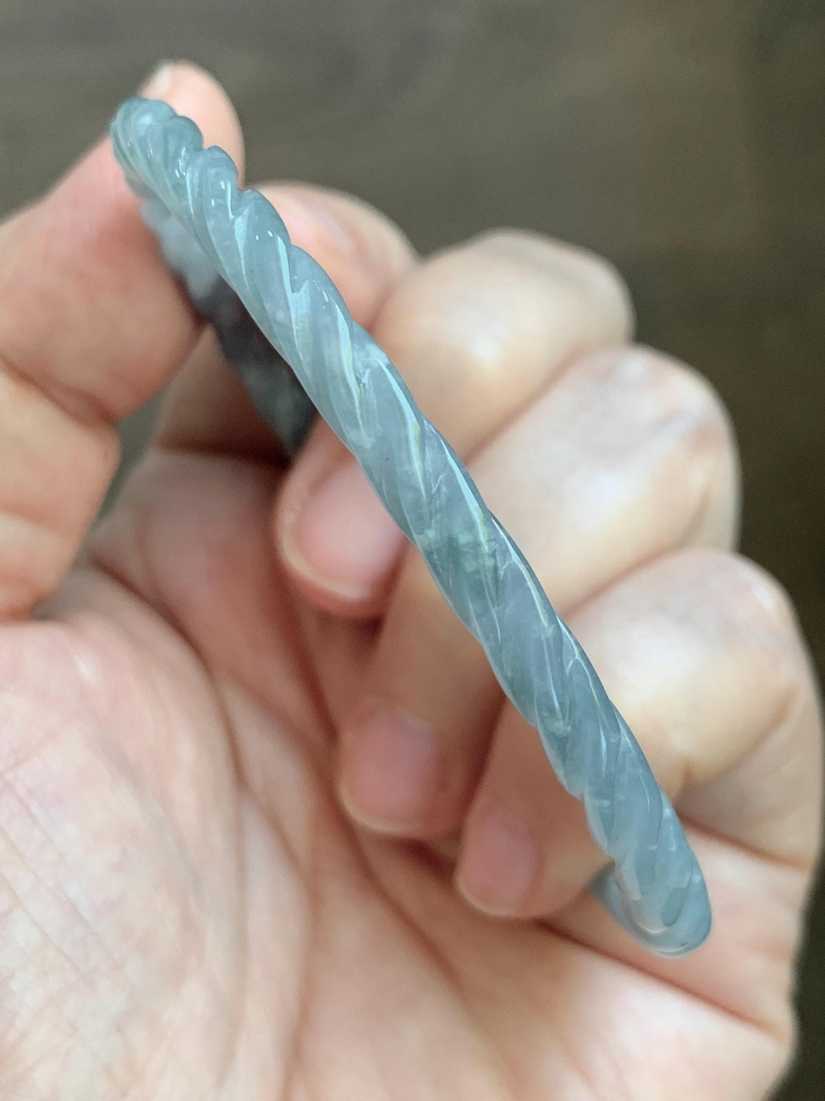 Certified Natural Grade A Guatemalan Icy Translucent Pastel Dusty Blue Jade Jadeite Carved Braid Slim Bangle 57.8mm 7.14” 天然冰危浅灰蓝翡翠细麻花手镯 193