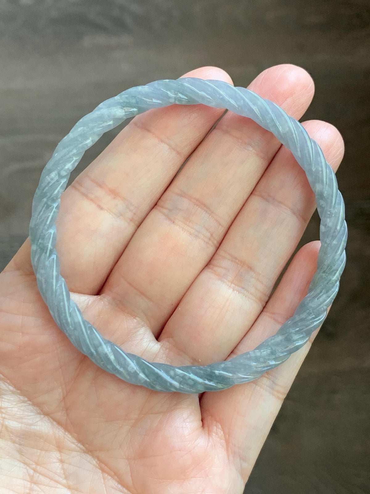 Certified Natural Grade A Guatemalan Icy Translucent Pastel Dusty Blue Jade Jadeite Carved Braid Slim Bangle 57.8mm 7.14” 天然冰危浅灰蓝翡翠细麻花手镯 193