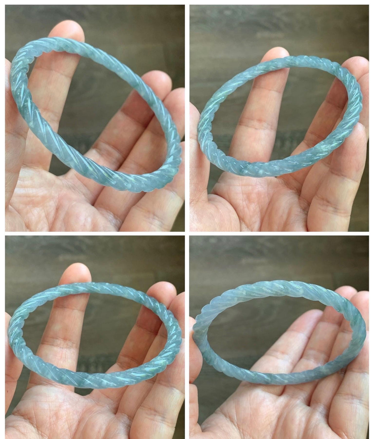Certified Natural Grade A Guatemalan Icy Translucent Pastel Dusty Blue Jade Jadeite Carved Braid Slim Bangle 60mm 7.4” 天然冰危浅灰蓝翡翠细麻花手镯 194