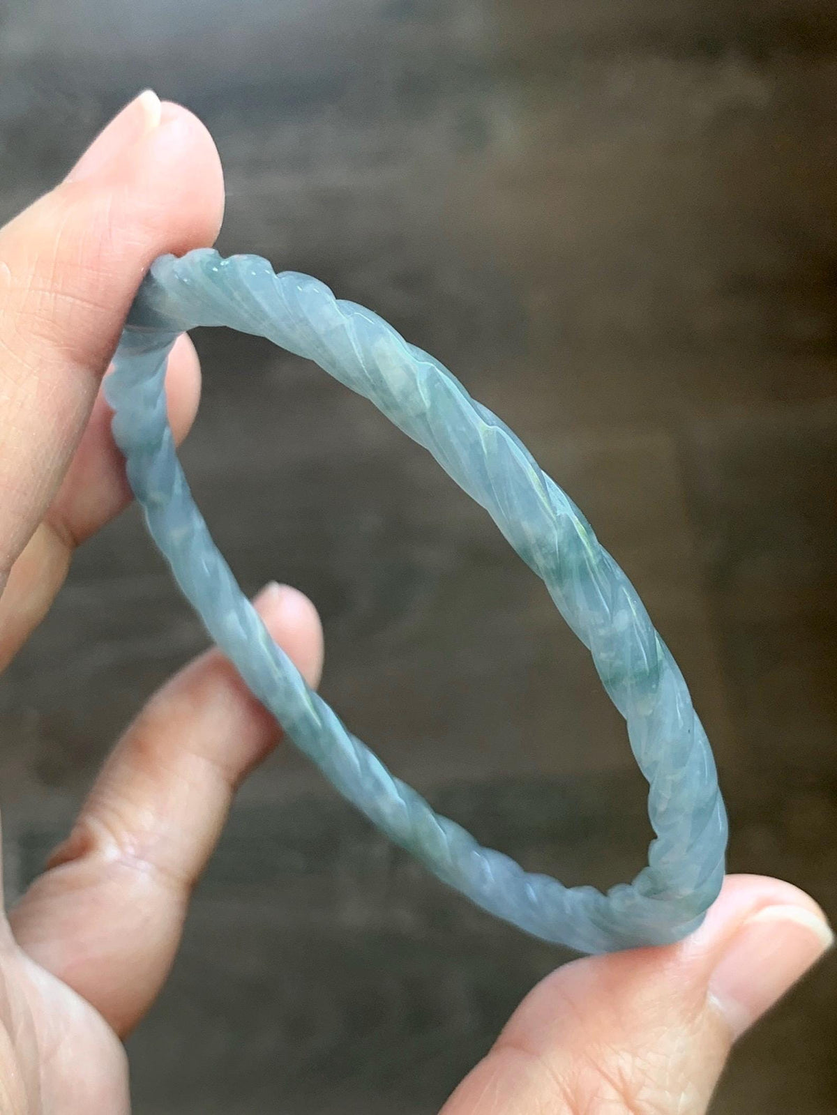 Certified Natural Grade A Guatemalan Icy Translucent Pastel Dusty Blue Jade Jadeite Carved Braid Slim Bangle 60mm 7.4” 天然冰危浅灰蓝翡翠细麻花手镯 194