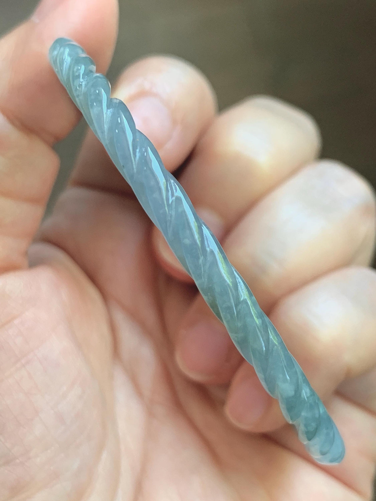 Certified Natural Grade A Guatemalan Icy Translucent Pastel Dusty Blue Jade Jadeite Carved Braid Slim Bangle 60mm 7.4” 天然冰危浅灰蓝翡翠细麻花手镯 194