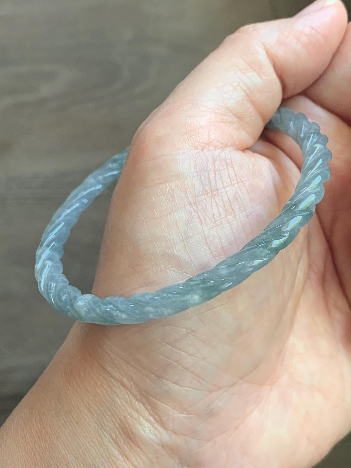 Certified Natural Grade A Guatemalan Icy Translucent Pastel Dusty Blue Jade Jadeite Carved Braid Slim Bangle 60mm 7.4” 天然冰危浅灰蓝翡翠细麻花手镯 194