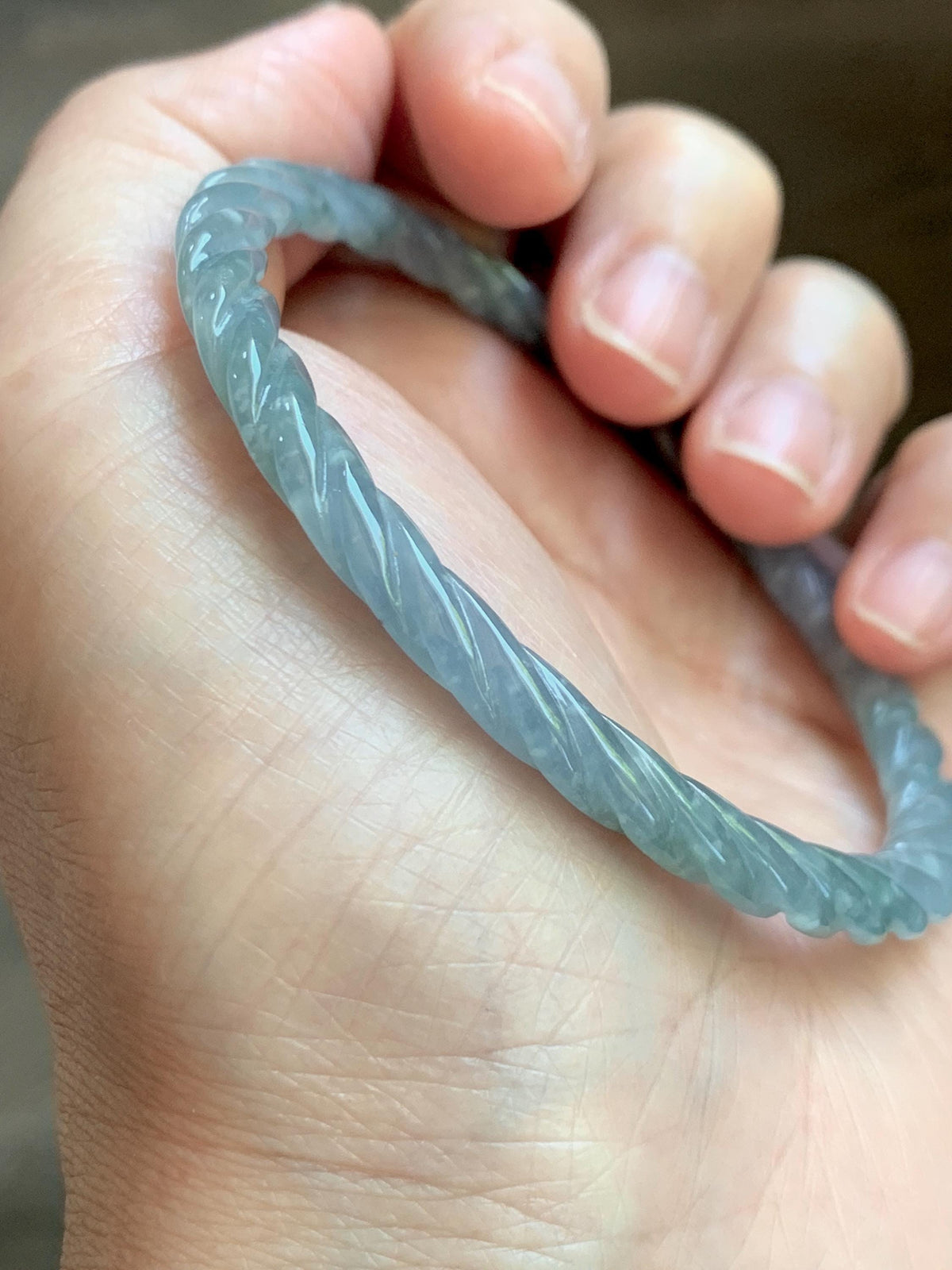 Certified Natural Grade A Guatemalan Icy Translucent Pastel Dusty Blue Jade Jadeite Carved Braid Slim Bangle 60mm 7.4” 天然冰危浅灰蓝翡翠细麻花手镯 194