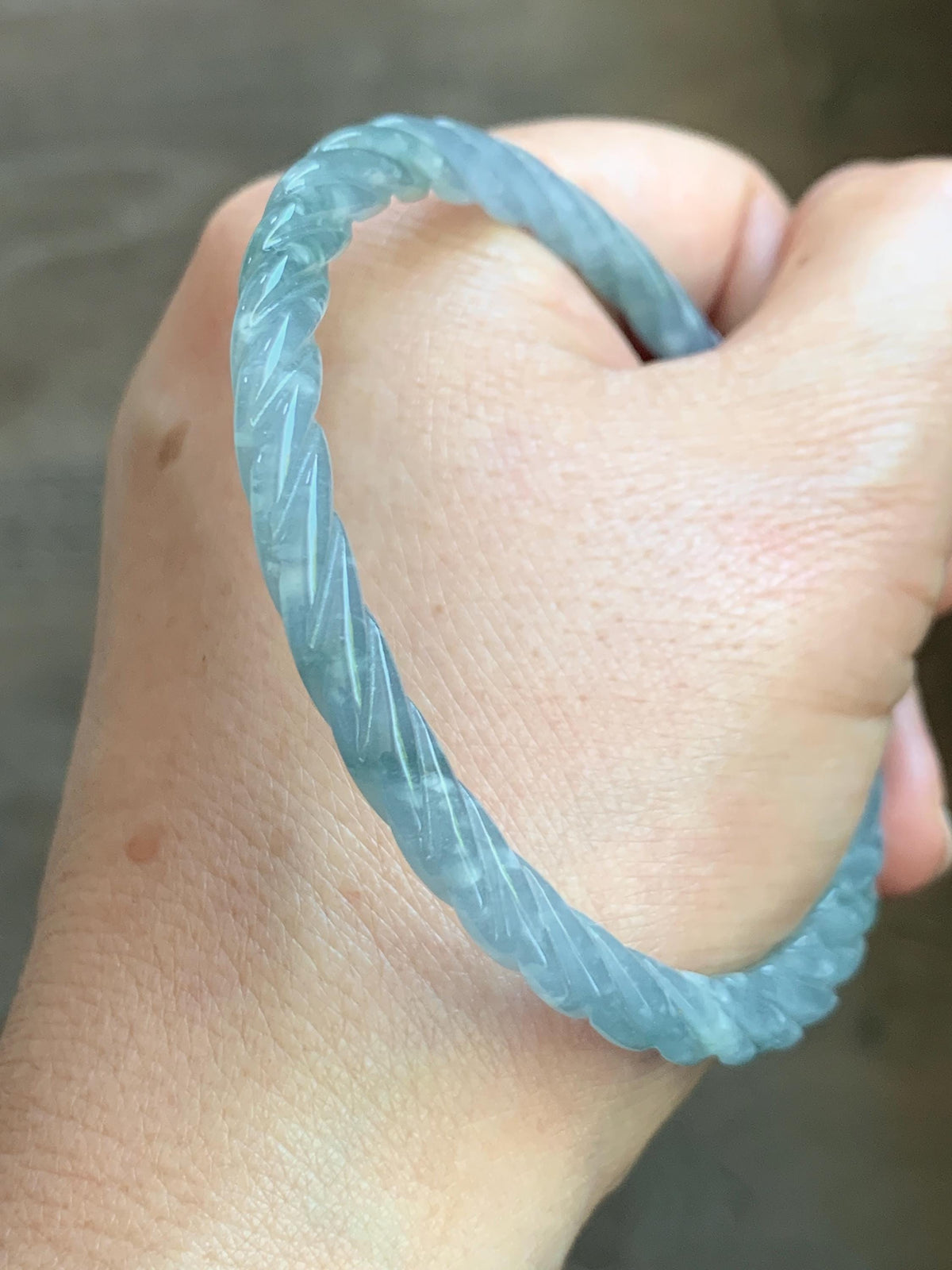 Certified Natural Grade A Guatemalan Icy Translucent Pastel Dusty Blue Jade Jadeite Carved Braid Slim Bangle 60mm 7.4” 天然冰危浅灰蓝翡翠细麻花手镯 194