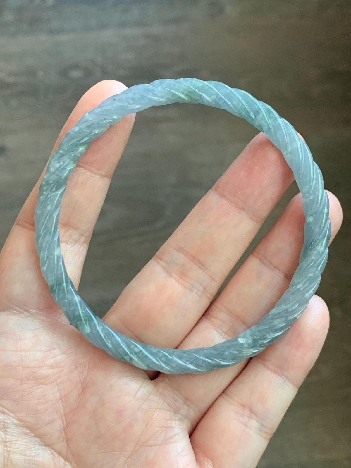 Certified Natural Grade A Guatemalan Icy Translucent Pastel Dusty Blue Jade Jadeite Carved Braid Slim Bangle 60mm 7.4” 天然冰危浅灰蓝翡翠细麻花手镯 194