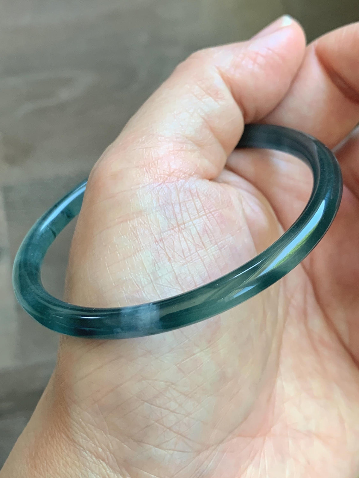 Certified Natural Grade A Guatemalan Icy Translucent Dark Teal Green Jade Jadeite Slim Bangle 57.8mm 7.14” 15.52g 天然冰胶危深蓝绿翡翠细圆条手镯 1185