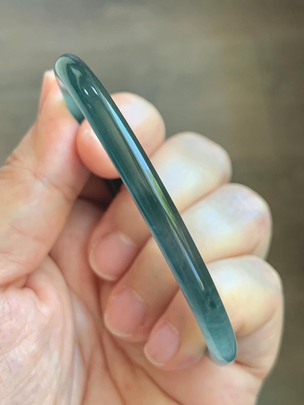 Certified Natural Grade A Guatemalan Icy Translucent Dark Teal Green Jade Jadeite Slim Bangle 57.8mm 7.14” 15.52g 天然冰胶危深蓝绿翡翠细圆条手镯 1185