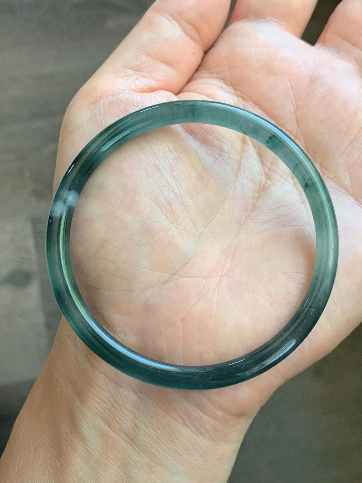 Certified Natural Grade A Guatemalan Icy Translucent Dark Teal Green Jade Jadeite Slim Bangle 57.8mm 7.14” 15.52g 天然冰胶危深蓝绿翡翠细圆条手镯 1185