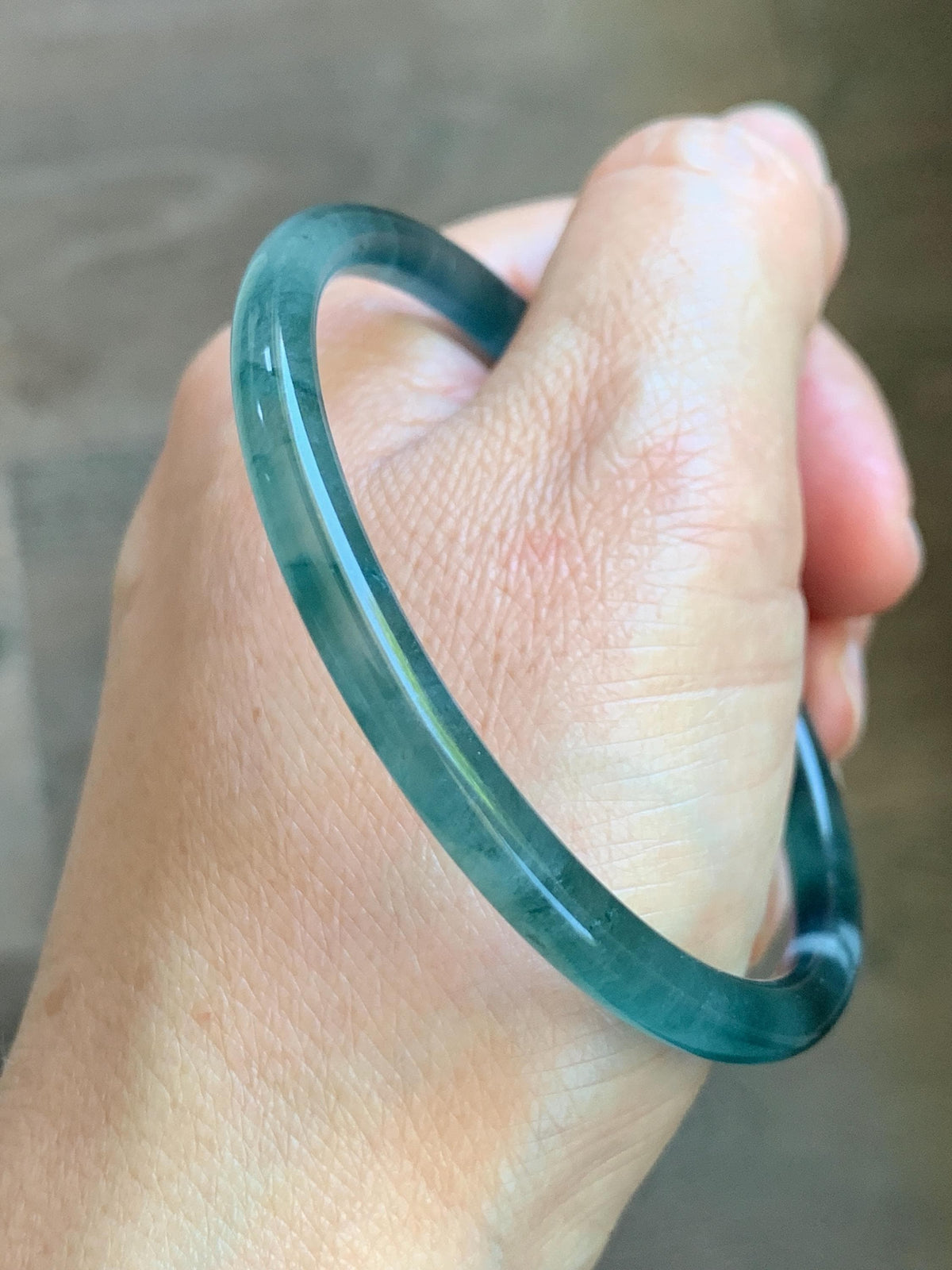 Certified Natural Grade A Guatemalan Icy Translucent Dark Teal Green Jade Jadeite Slim Bangle 57.8mm 7.14” 15.52g 天然冰胶危深蓝绿翡翠细圆条手镯 1185