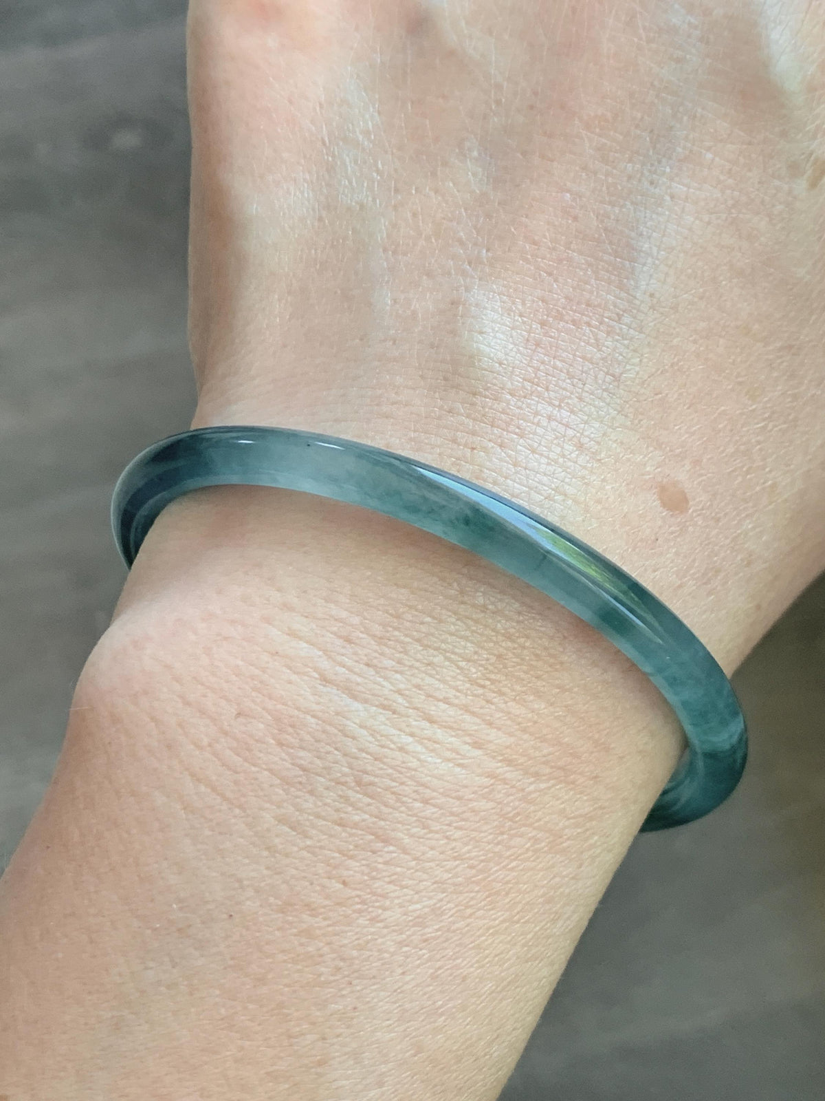Certified Natural Grade A Guatemalan Icy Translucent Dark Teal Green Jade Jadeite Slim Bangle 57.8mm 7.14” 15.52g 天然冰胶危深蓝绿翡翠细圆条手镯 1185