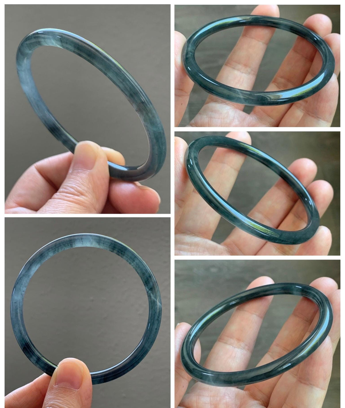 Certified Natural Grade A Guatemalan Icy Translucent Dark Gray Wuji Jade Jadeite Bangle Bracelet 58.6mm 7.25” 18g 天然冰危深灰乌鸡翡翠圆条手镯 1187