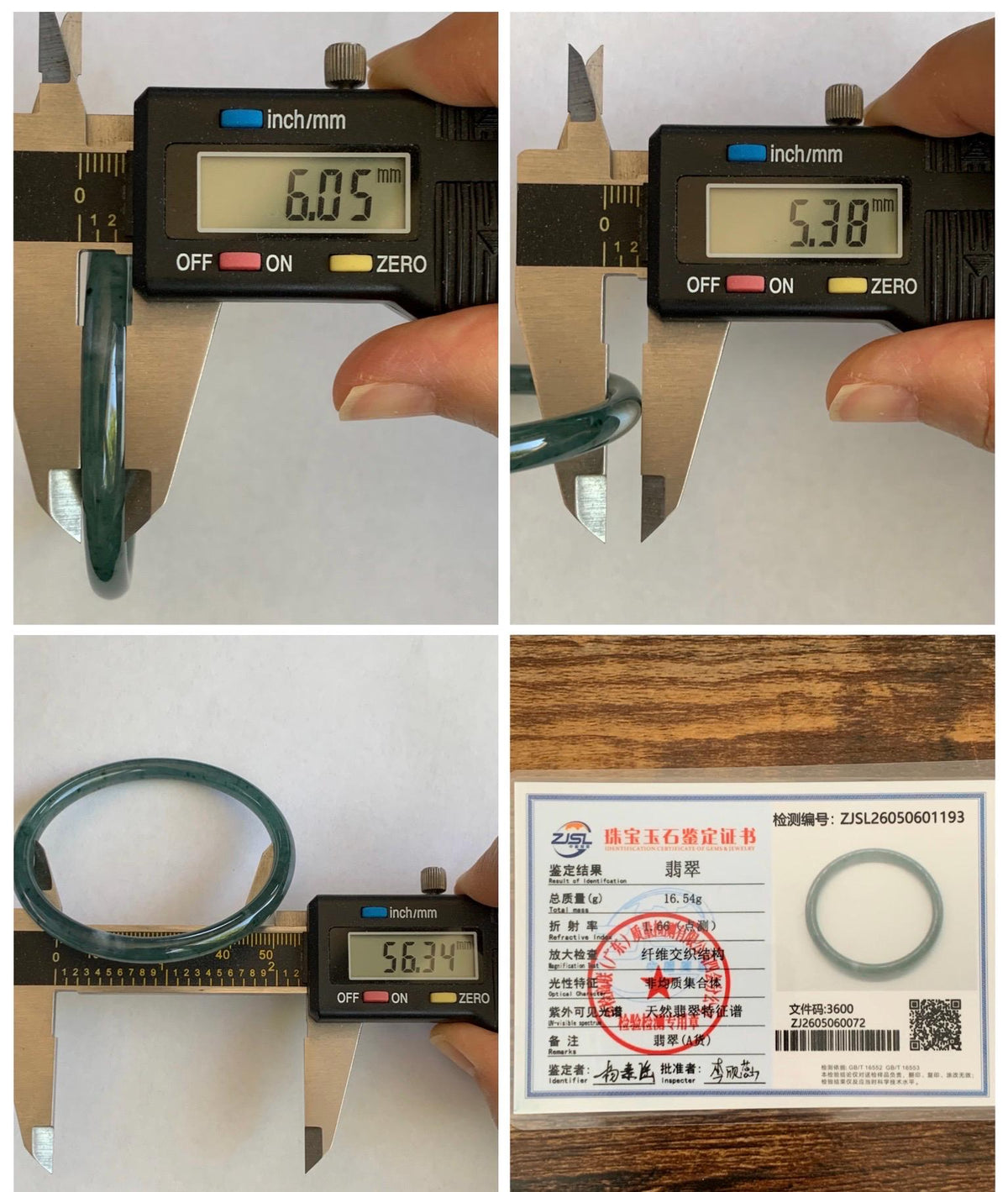 Certified Natural Grade A Guatemalan Icy Translucent Dark Teal Green Jade Jadeite Slim Bangle 56.3mm 6.96” 16.54g 天然冰胶危深蓝绿翡翠细圆条手镯 1193