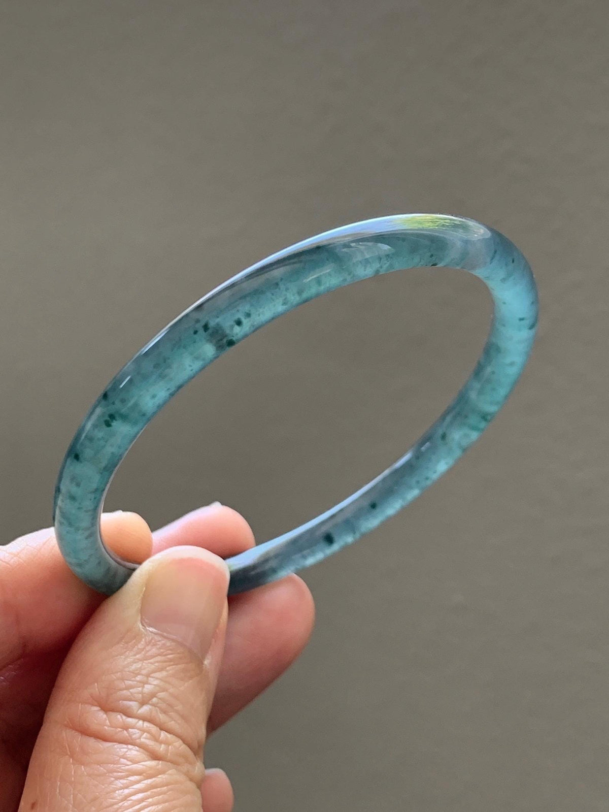 Certified Natural Grade A Guatemalan Icy Translucent Dark Teal Green Jade Jadeite Slim Bangle 56.3mm 6.96” 16.54g 天然冰胶危深蓝绿翡翠细圆条手镯 1193