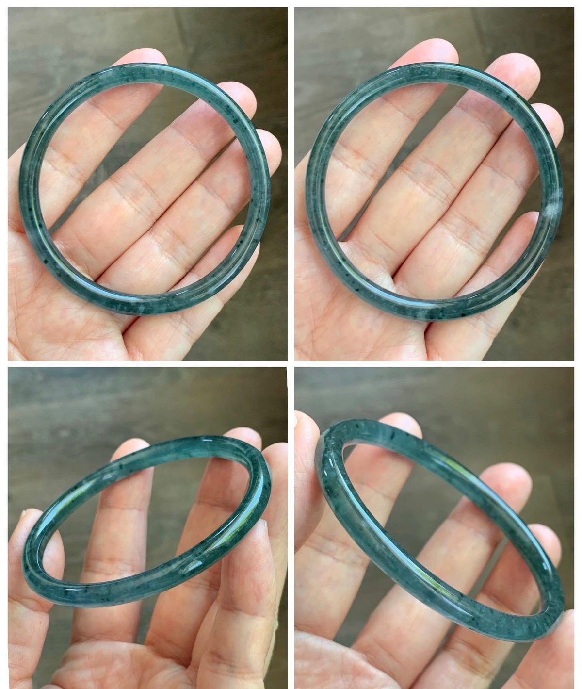 Certified Natural Grade A Guatemalan Icy Translucent Dark Teal Green Jade Jadeite Slim Bangle 56.3mm 6.96” 16.54g 天然冰胶危深蓝绿翡翠细圆条手镯 1193