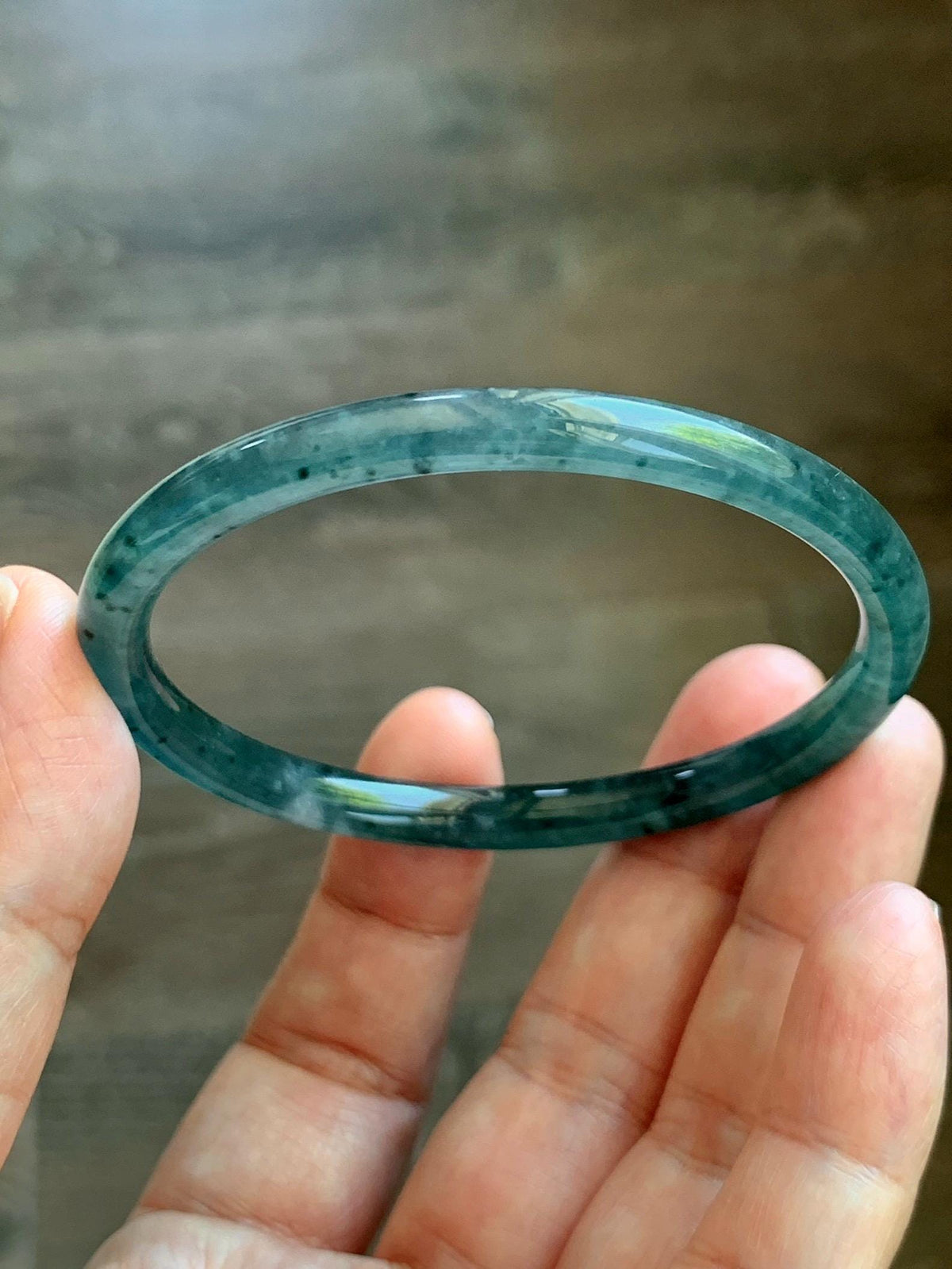 Certified Natural Grade A Guatemalan Icy Translucent Dark Teal Green Jade Jadeite Slim Bangle 56.3mm 6.96” 16.54g 天然冰胶危深蓝绿翡翠细圆条手镯 1193