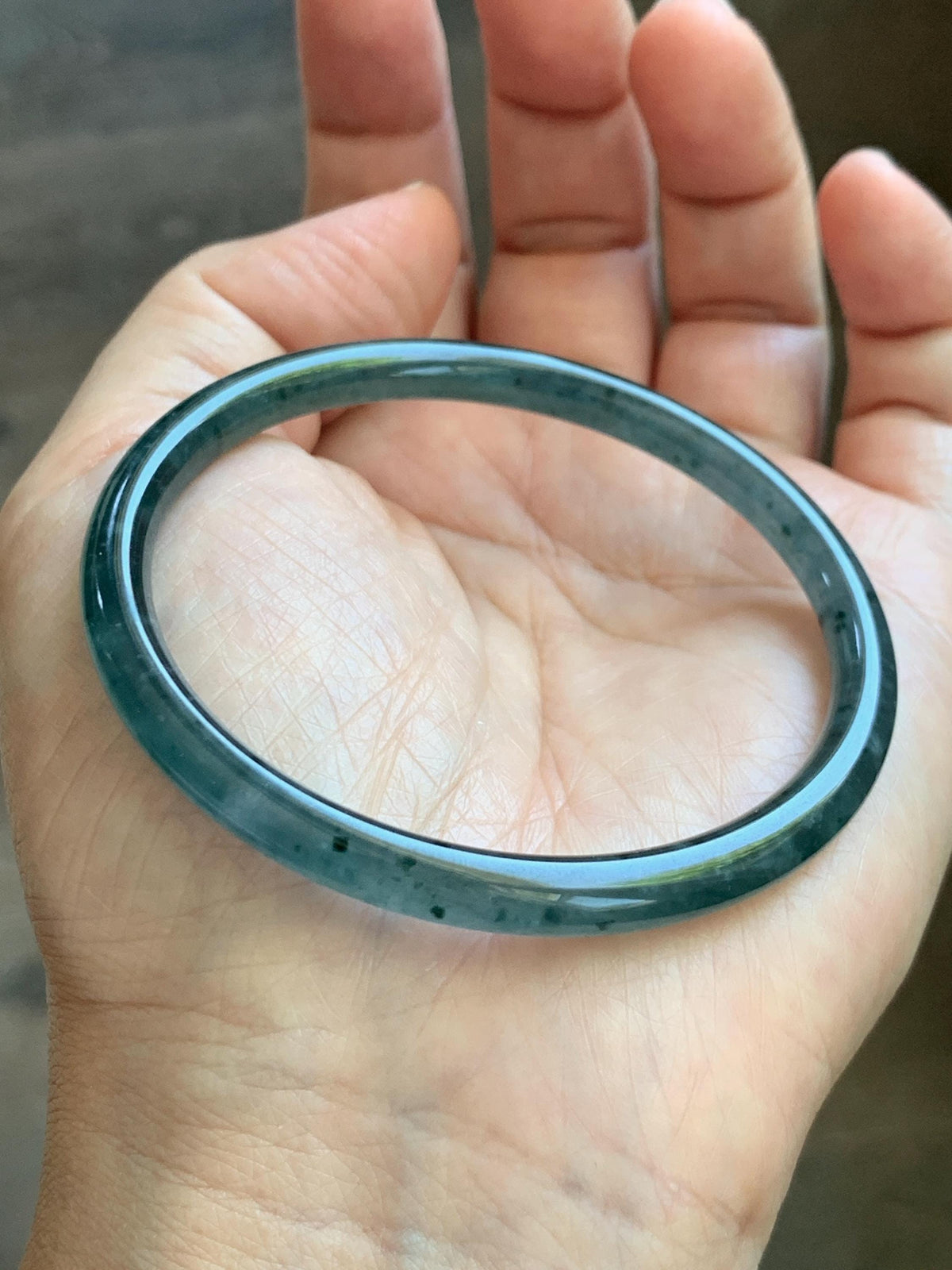 Certified Natural Grade A Guatemalan Icy Translucent Dark Teal Green Jade Jadeite Slim Bangle 56.3mm 6.96” 16.54g 天然冰胶危深蓝绿翡翠细圆条手镯 1193