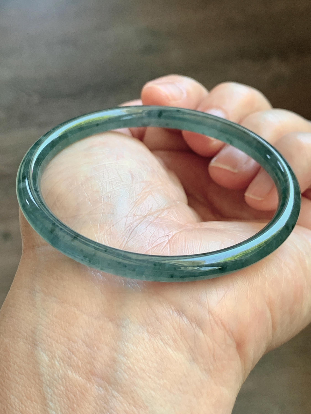 Certified Natural Grade A Guatemalan Icy Translucent Dark Teal Green Jade Jadeite Slim Bangle 56.3mm 6.96” 16.54g 天然冰胶危深蓝绿翡翠细圆条手镯 1193