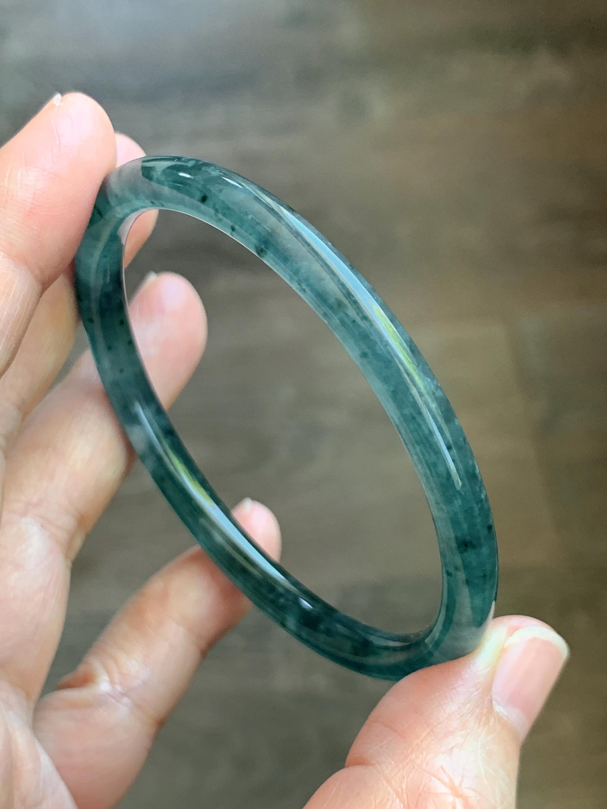 Certified Natural Grade A Guatemalan Icy Translucent Dark Teal Green Jade Jadeite Slim Bangle 56.3mm 6.96” 16.54g 天然冰胶危深蓝绿翡翠细圆条手镯 1193