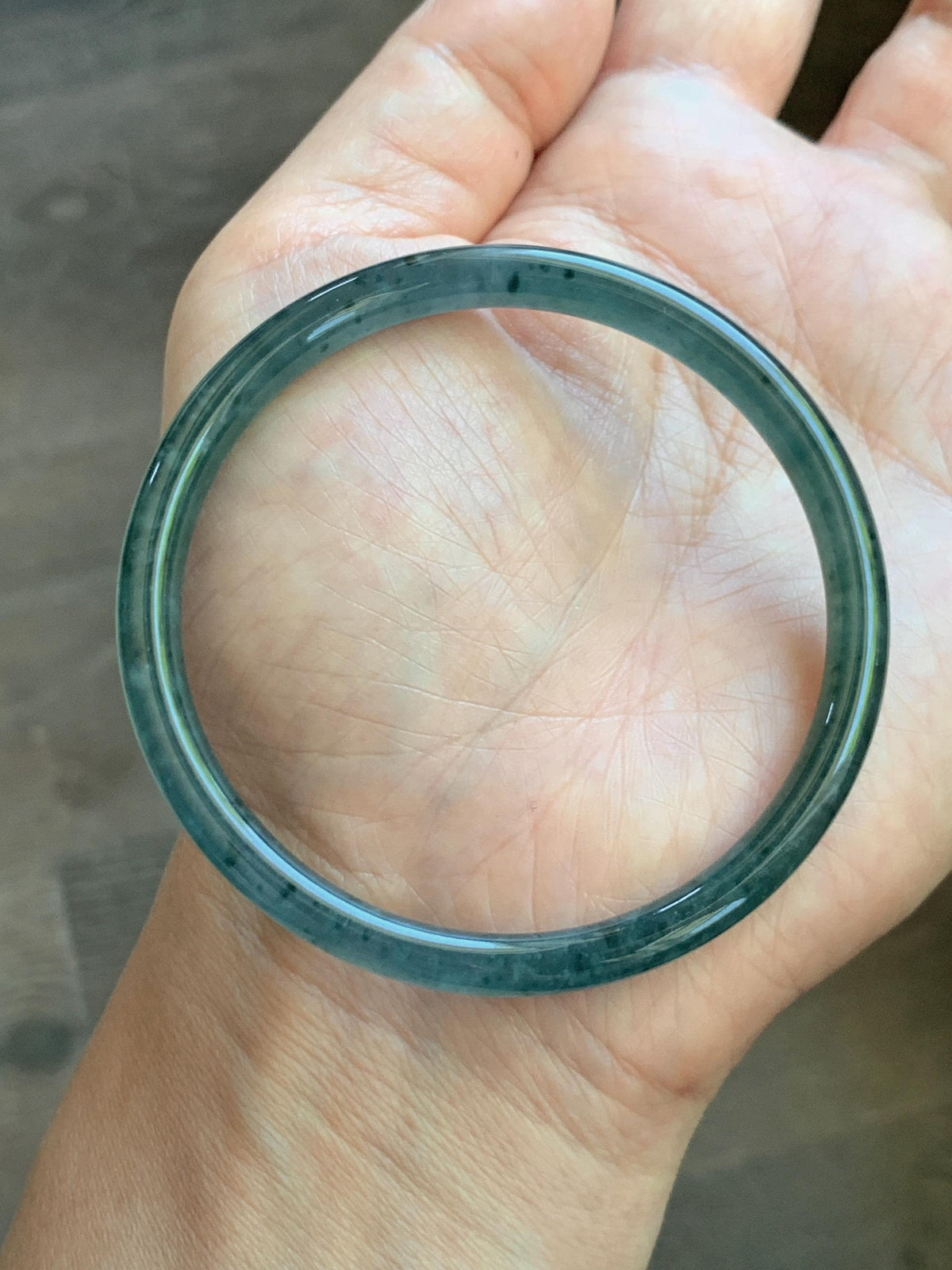 Certified Natural Grade A Guatemalan Icy Translucent Dark Teal Green Jade Jadeite Slim Bangle 56.3mm 6.96” 16.54g 天然冰胶危深蓝绿翡翠细圆条手镯 1193