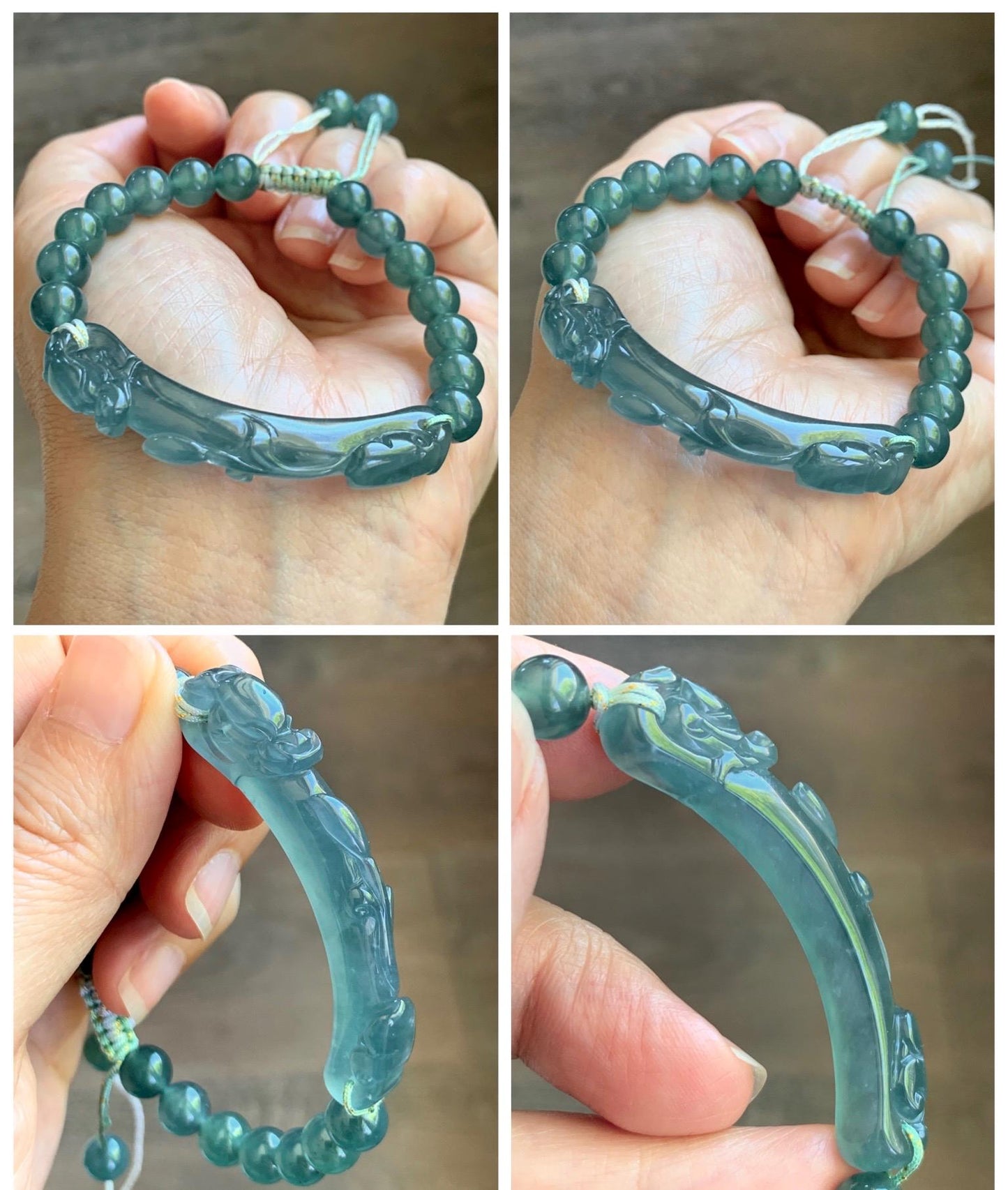 Natural Grade A Guatemalan Icy Translucent Dark Teal Blue Teal Green Jade Jadeite Dragon Hook Cuff Beaded Bracelet 7" 天然冰危蓝绿龙钩手牌手串 WLG253B