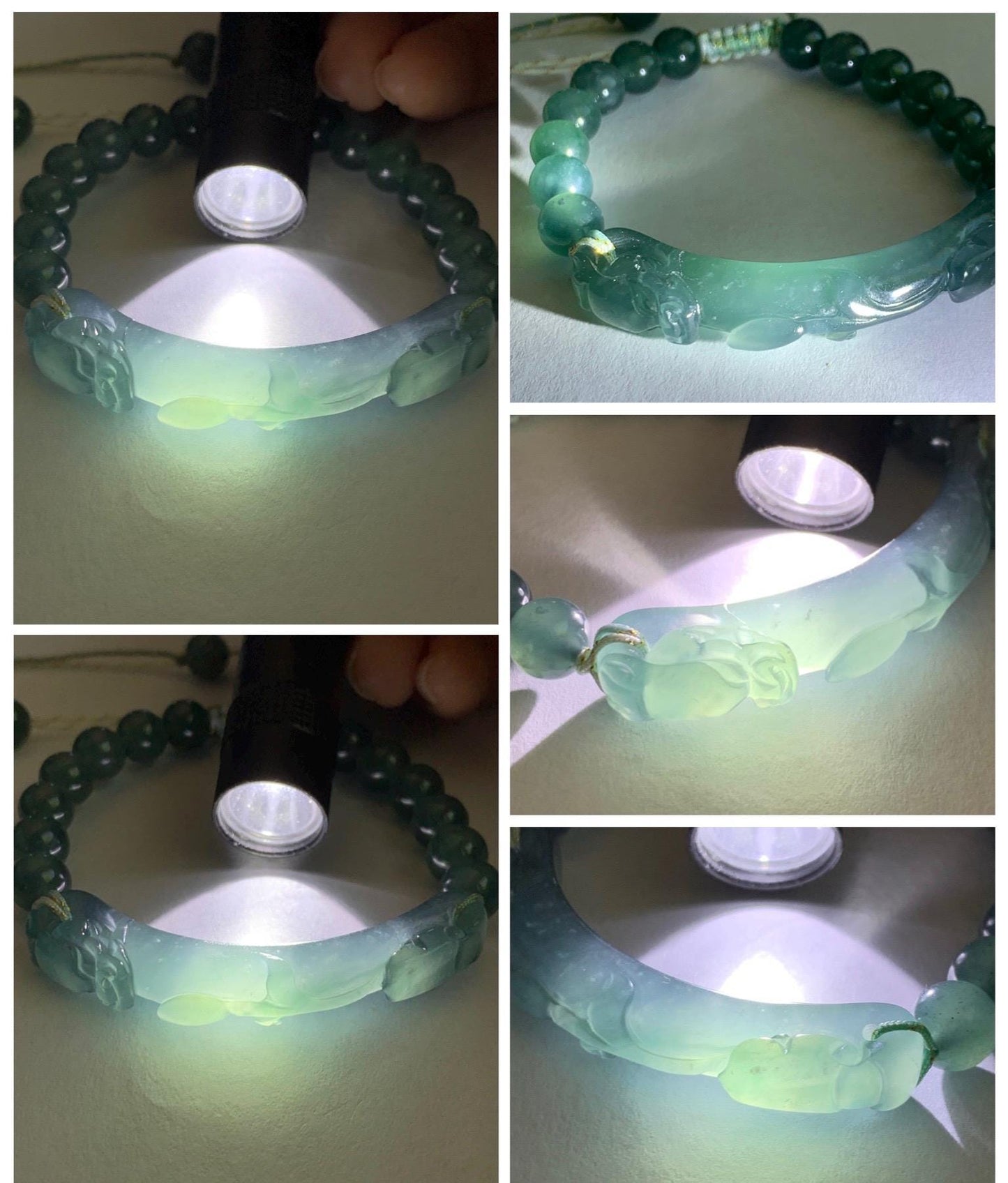 Natural Grade A Guatemalan Icy Translucent Dark Teal Blue Teal Green Jade Jadeite Dragon Hook Cuff Beaded Bracelet 7" 天然冰危蓝绿龙钩手牌手串 WLG253B
