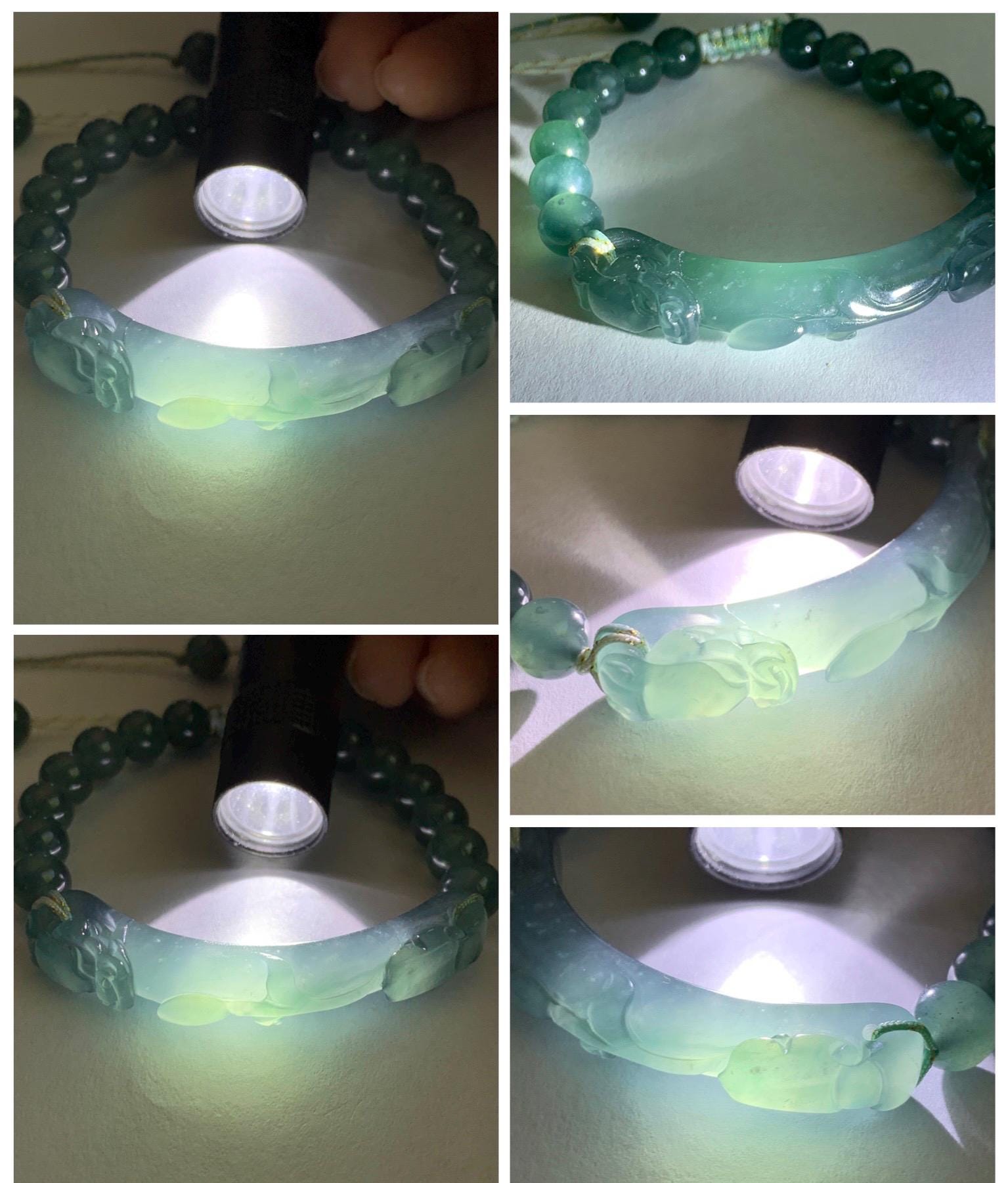 Natural Grade A Guatemalan Icy Translucent Dark Teal Blue Teal Green Jade Jadeite Dragon Hook Cuff Beaded Bracelet 7" 天然冰危蓝绿龙钩手牌手串 WLG253B