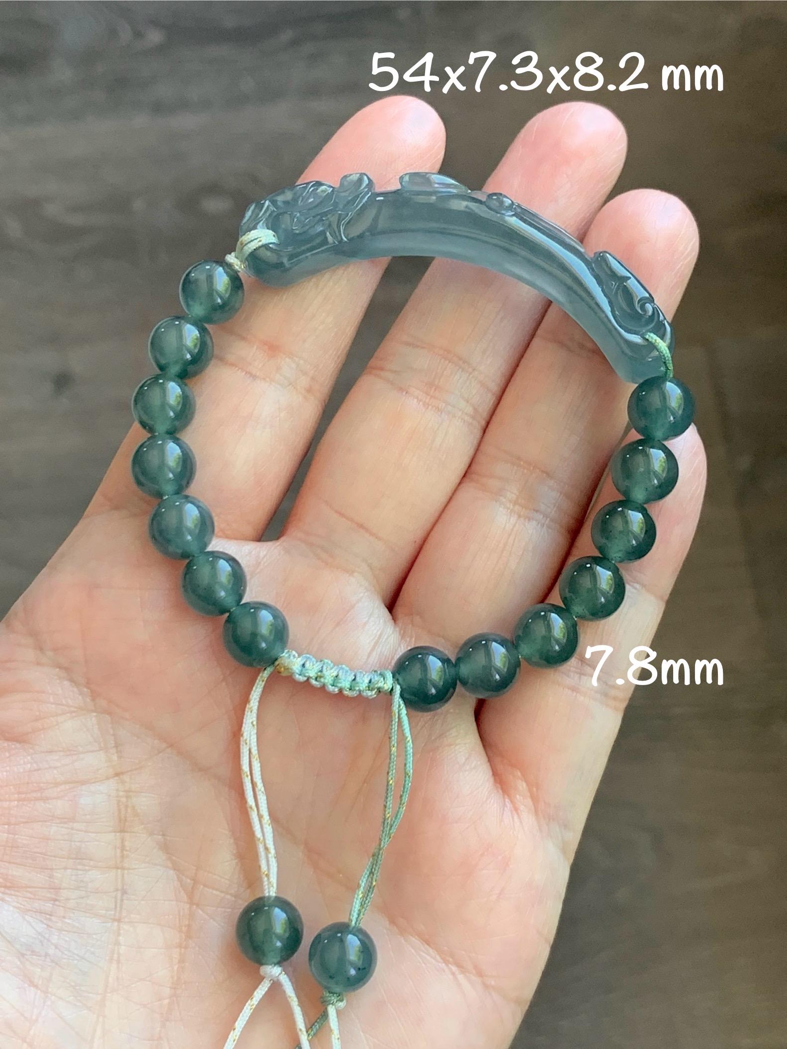Natural Grade A Guatemalan Icy Translucent Dark Teal Blue Teal Green Jade Jadeite Dragon Hook Cuff Beaded Bracelet 7" 天然冰危蓝绿龙钩手牌手串 WLG253B