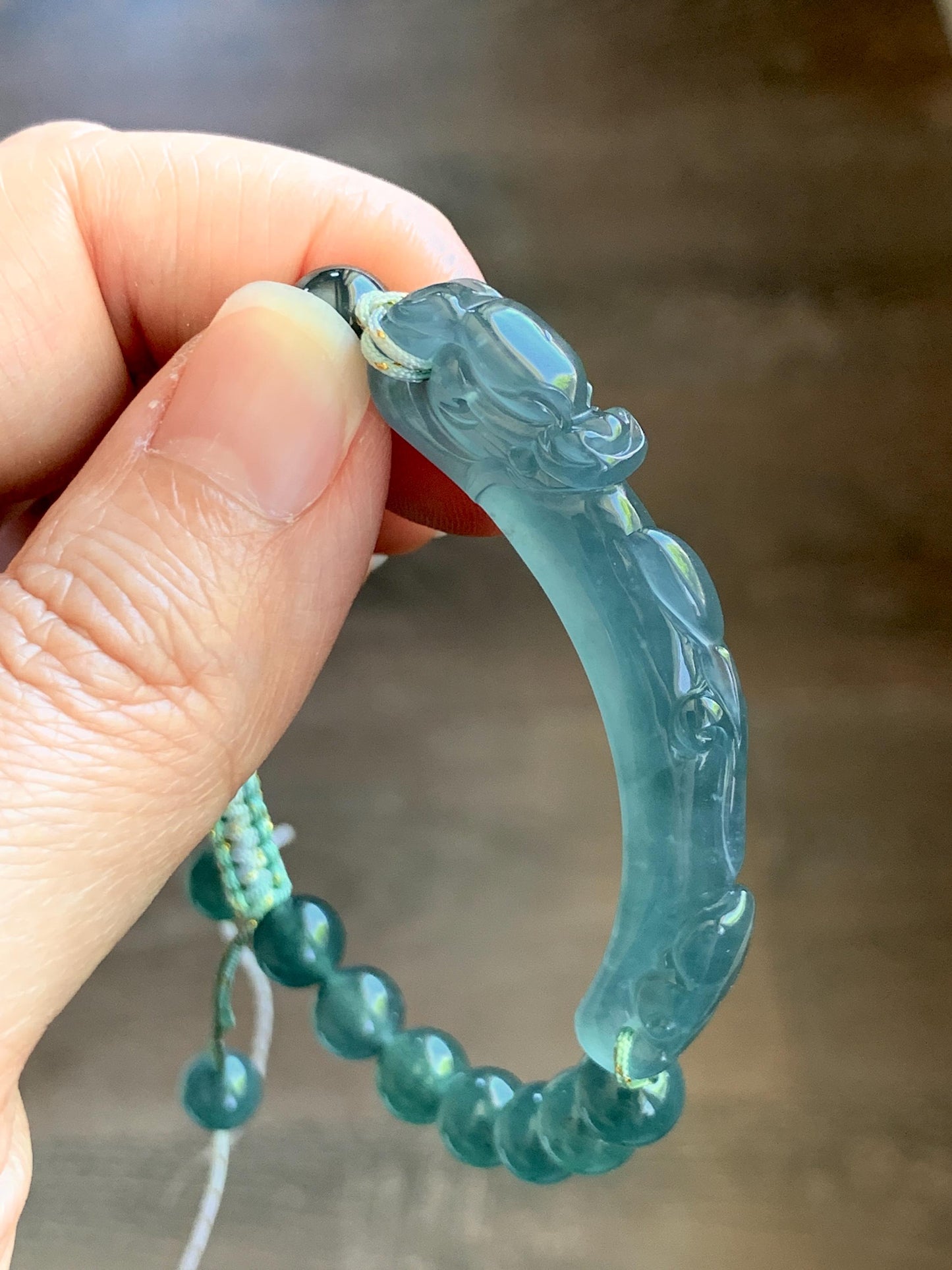 Natural Grade A Guatemalan Icy Translucent Dark Teal Blue Teal Green Jade Jadeite Dragon Hook Cuff Beaded Bracelet 7" 天然冰危蓝绿龙钩手牌手串 WLG253B