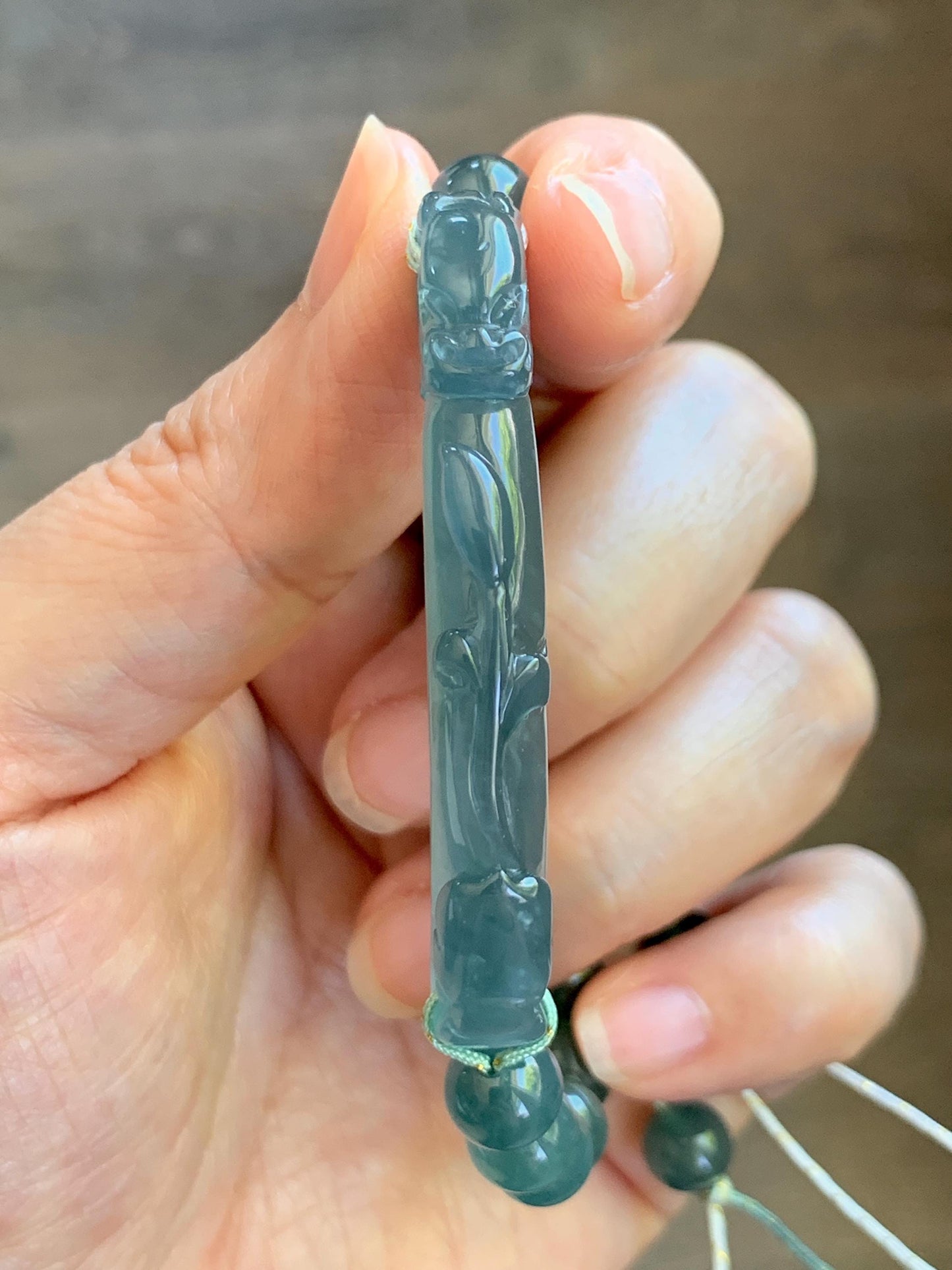 Natural Grade A Guatemalan Icy Translucent Dark Teal Blue Teal Green Jade Jadeite Dragon Hook Cuff Beaded Bracelet 7" 天然冰危蓝绿龙钩手牌手串 WLG253B