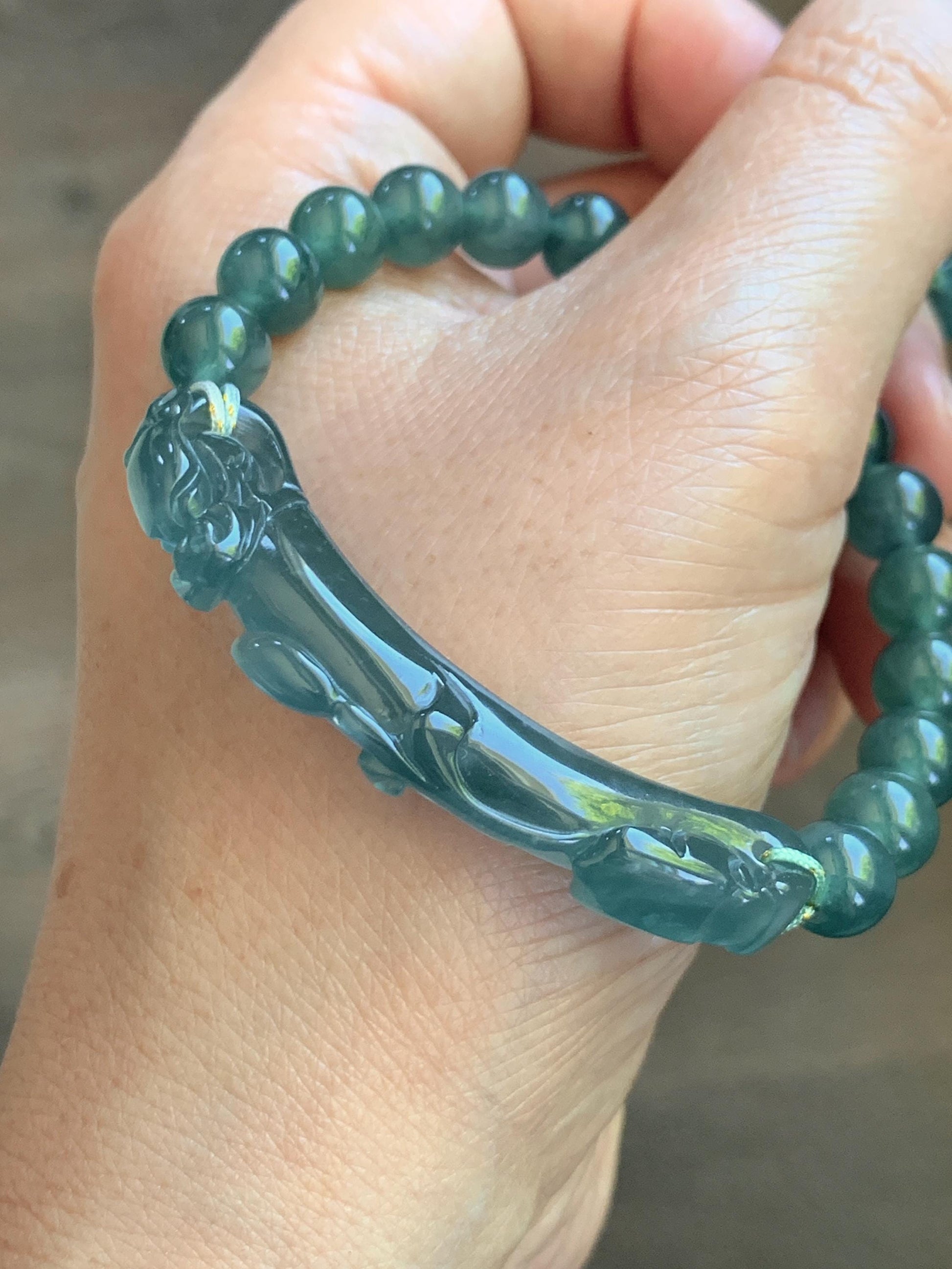 Natural Grade A Guatemalan Icy Translucent Dark Teal Blue Teal Green Jade Jadeite Dragon Hook Cuff Beaded Bracelet 7" 天然冰危蓝绿龙钩手牌手串 WLG253B