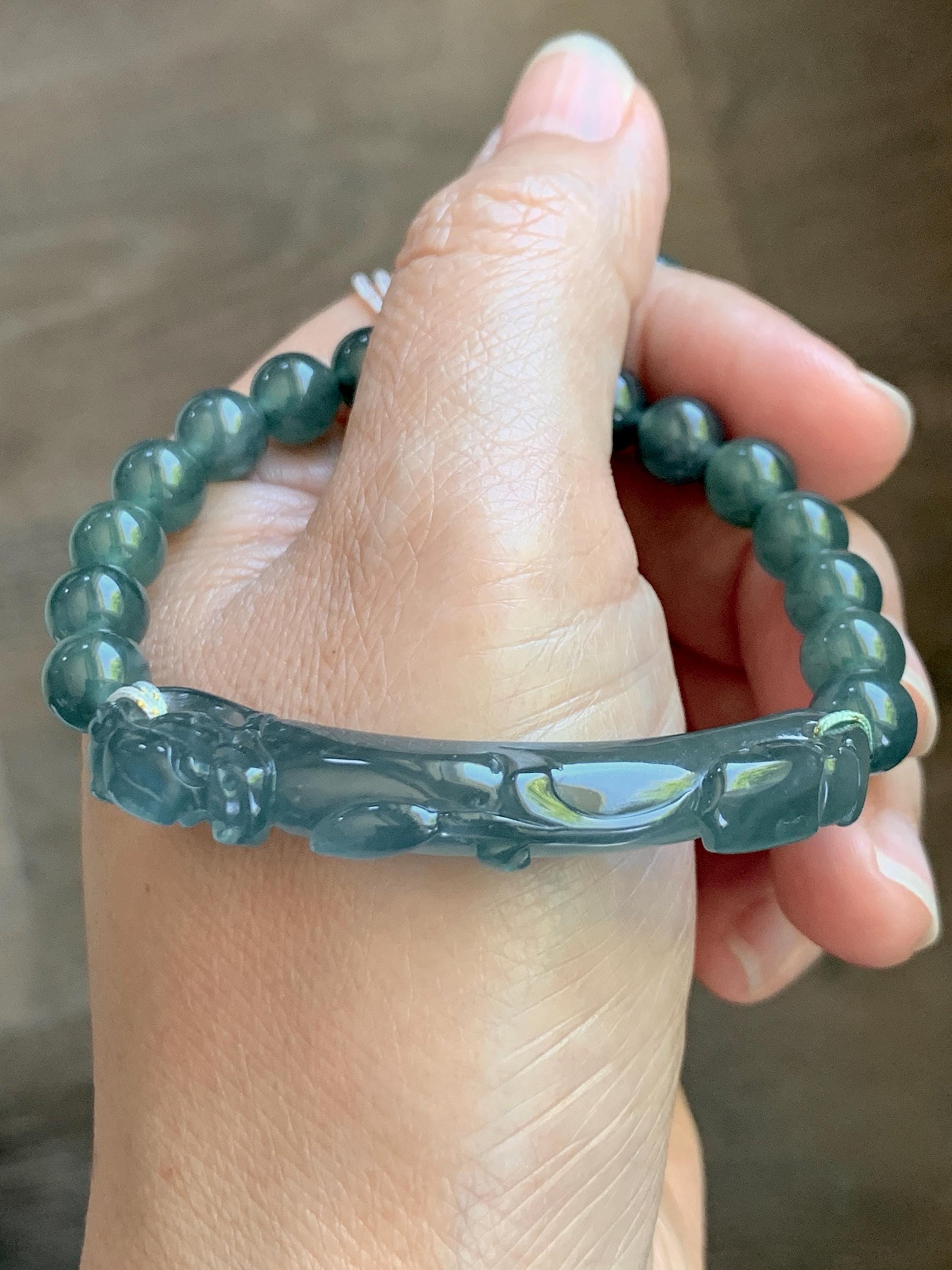 Natural Grade A Guatemalan Icy Translucent Dark Teal Blue Teal Green Jade Jadeite Dragon Hook Cuff Beaded Bracelet 7" 天然冰危蓝绿龙钩手牌手串 WLG253B