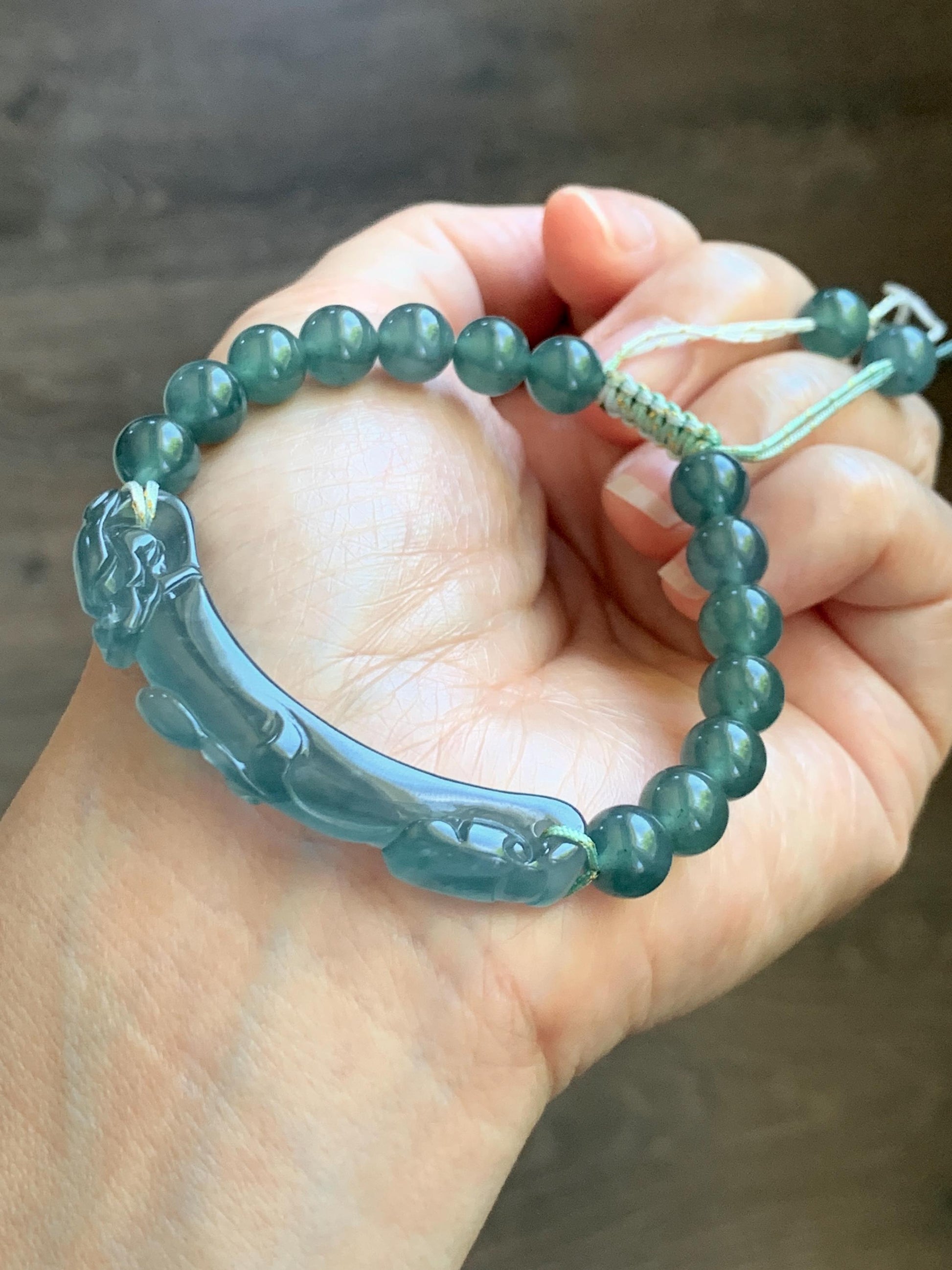 Natural Grade A Guatemalan Icy Translucent Dark Teal Blue Teal Green Jade Jadeite Dragon Hook Cuff Beaded Bracelet 7" 天然冰危蓝绿龙钩手牌手串 WLG253B
