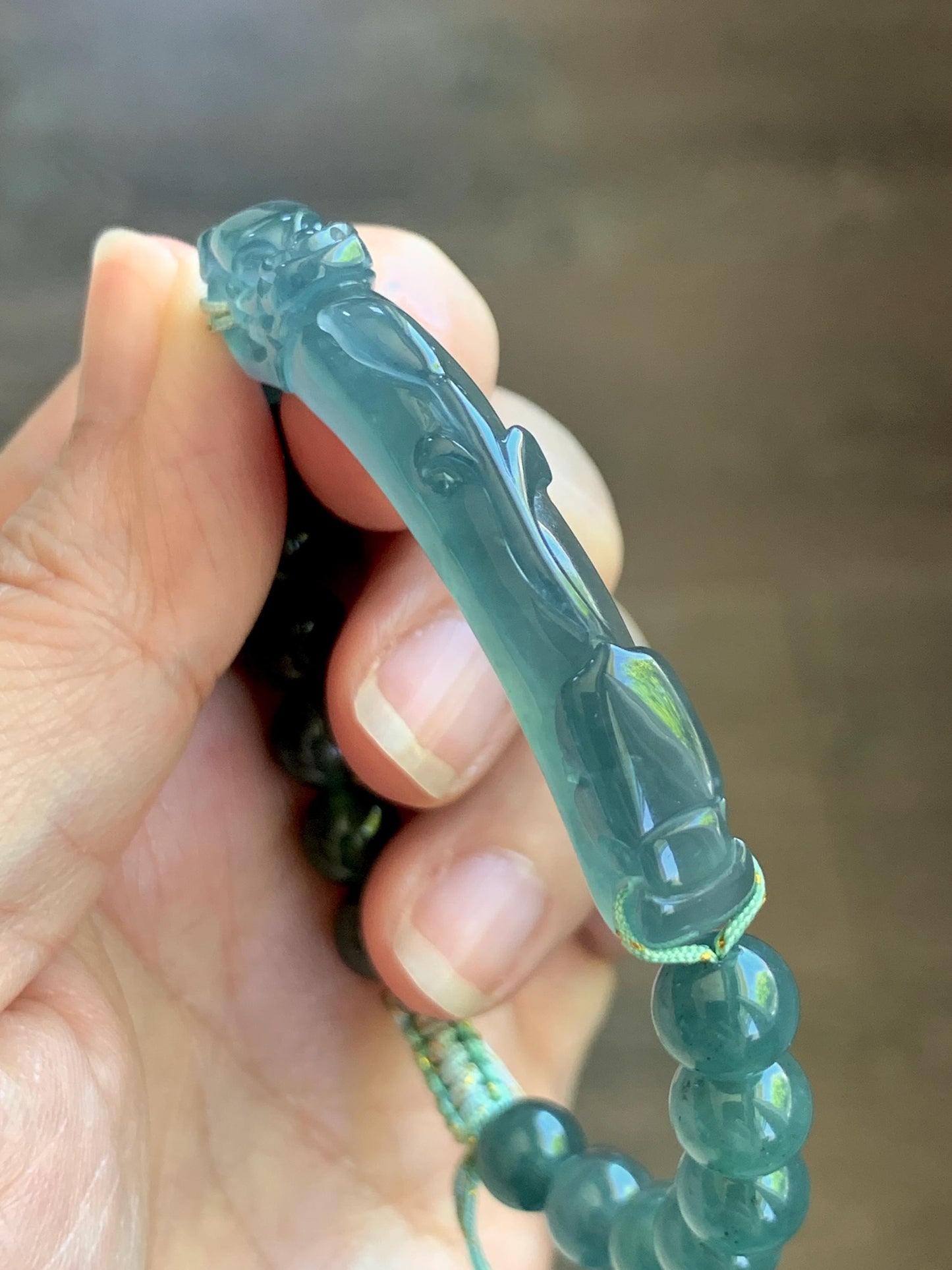 Natural Grade A Guatemalan Icy Translucent Dark Teal Blue Teal Green Jade Jadeite Dragon Hook Cuff Beaded Bracelet 7" 天然冰危蓝绿龙钩手牌手串 WLG253B