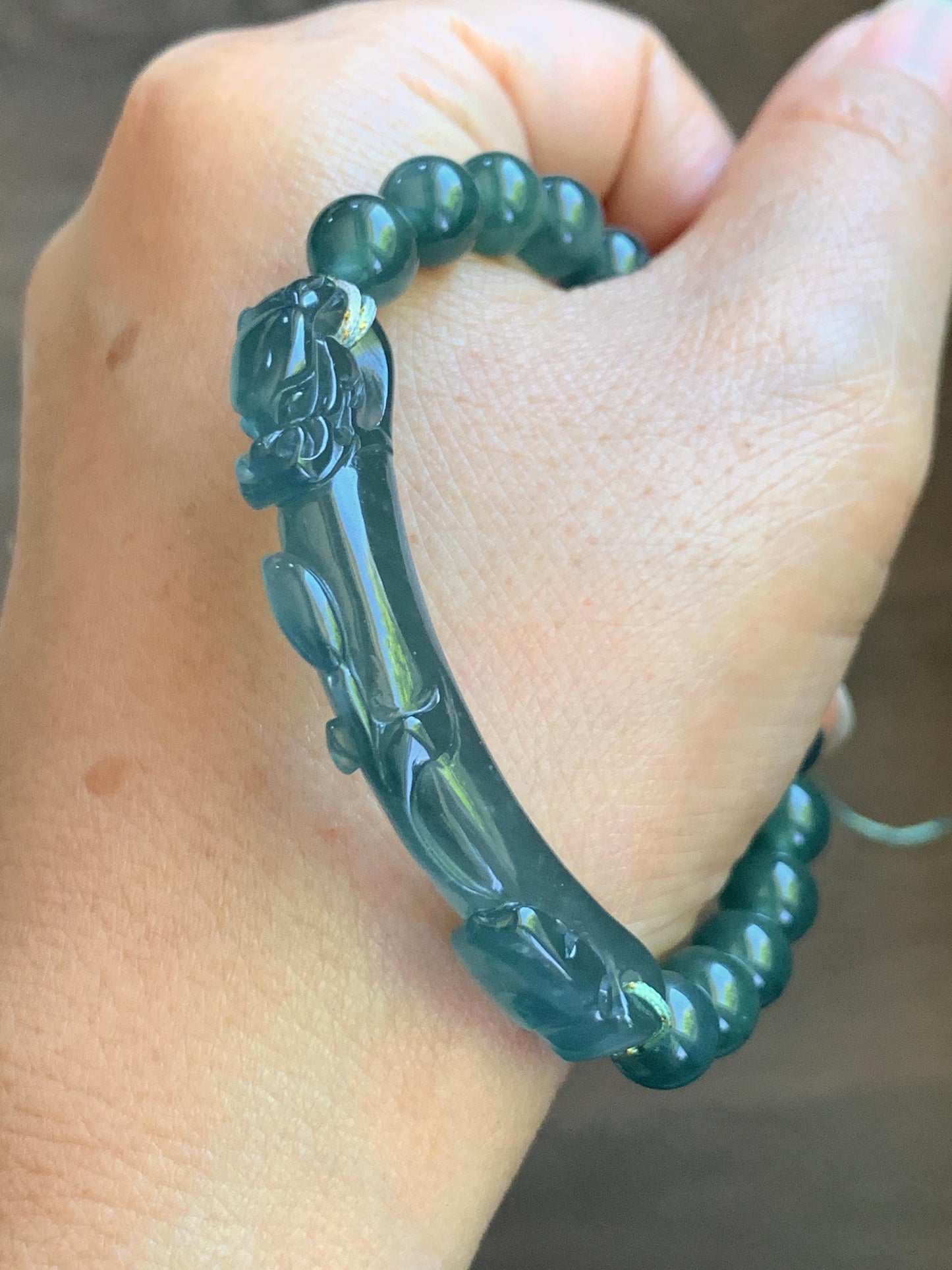 Natural Grade A Guatemalan Icy Translucent Dark Teal Blue Teal Green Jade Jadeite Dragon Hook Cuff Beaded Bracelet 7" 天然冰危蓝绿龙钩手牌手串 WLG253B
