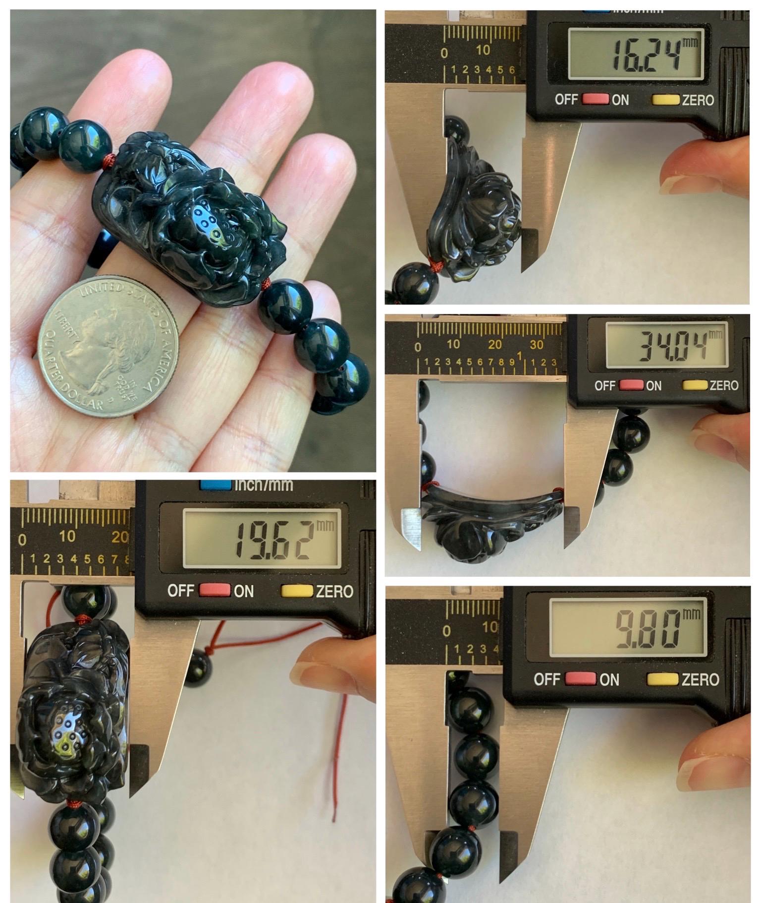 Natural Grade A Icy Translucent Dark Wuji Jade Jadeite Lotus Flower Cuff Guatemalan Wuji Jadeite Beaded Bracelet 7” 天然糯冰乌鸡翡翠莲花手牌手串 MWJ220