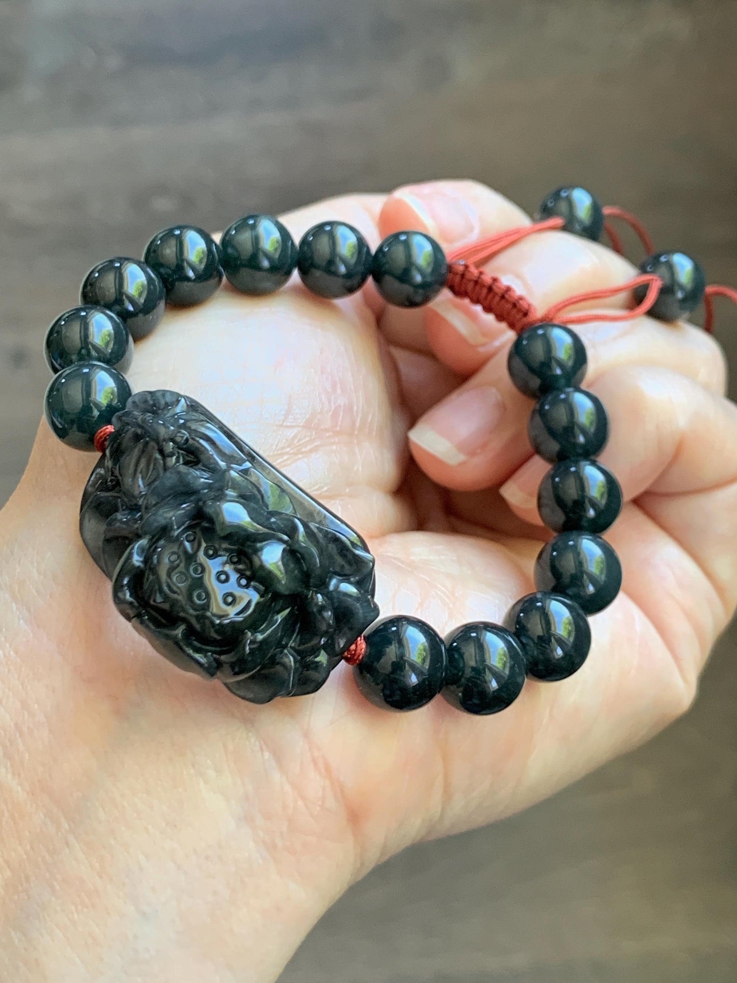 Natural Grade A Icy Translucent Dark Wuji Jade Jadeite Lotus Flower Cuff Guatemalan Wuji Jadeite Beaded Bracelet 7” 天然糯冰乌鸡翡翠莲花手牌手串 MWJ220