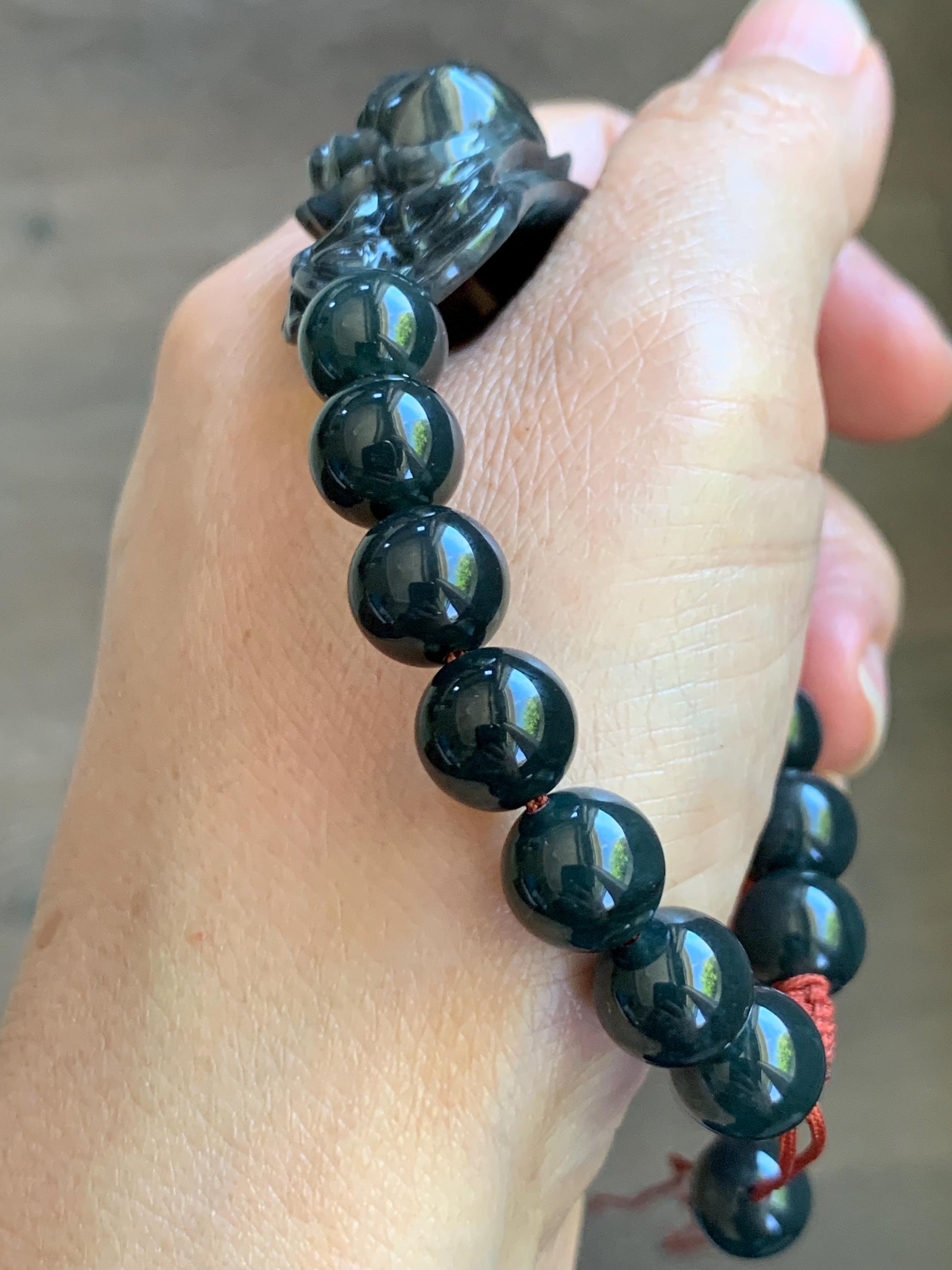 Natural Grade A Icy Translucent Dark Wuji Jade Jadeite Lotus Flower Cuff Guatemalan Wuji Jadeite Beaded Bracelet 7” 天然糯冰乌鸡翡翠莲花手牌手串 MWJ220