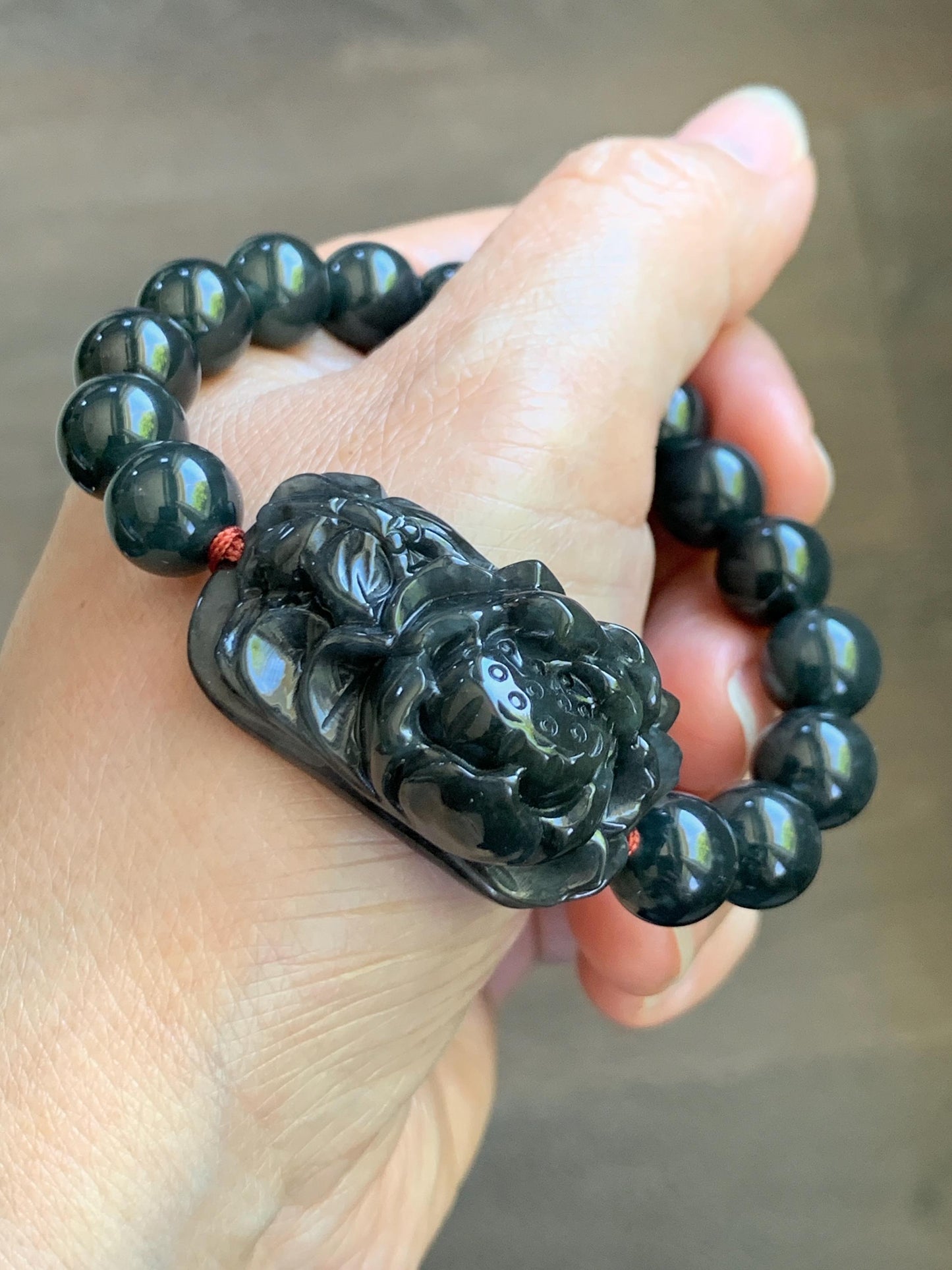 Natural Grade A Icy Translucent Dark Wuji Jade Jadeite Lotus Flower Cuff Guatemalan Wuji Jadeite Beaded Bracelet 7” 天然糯冰乌鸡翡翠莲花手牌手串 MWJ220