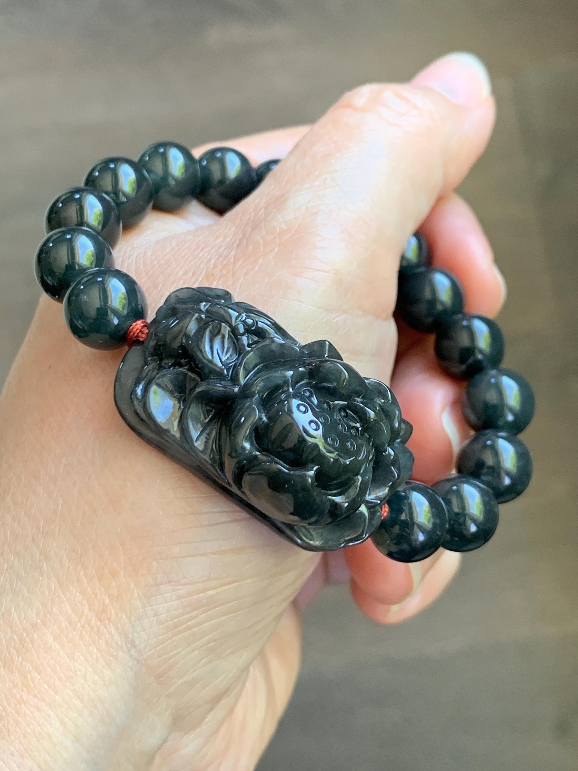 Natural Grade A Icy Translucent Dark Wuji Jade Jadeite Lotus Flower Cuff Guatemalan Wuji Jadeite Beaded Bracelet 7” 天然糯冰乌鸡翡翠莲花手牌手串 MWJ220