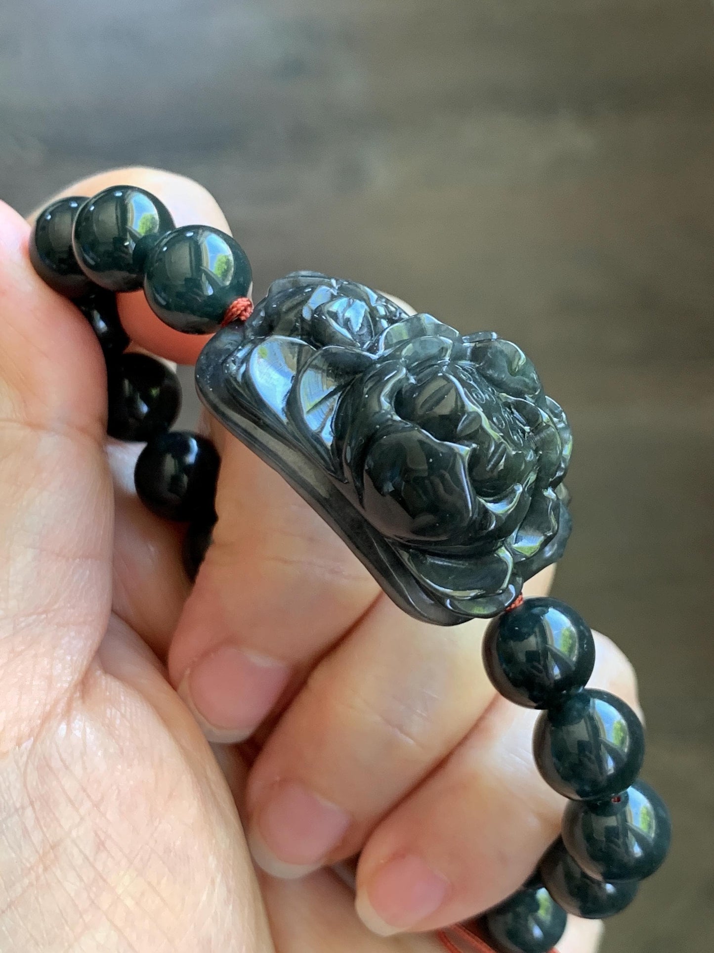 Natural Grade A Icy Translucent Dark Wuji Jade Jadeite Lotus Flower Cuff Guatemalan Wuji Jadeite Beaded Bracelet 7” 天然糯冰乌鸡翡翠莲花手牌手串 MWJ220