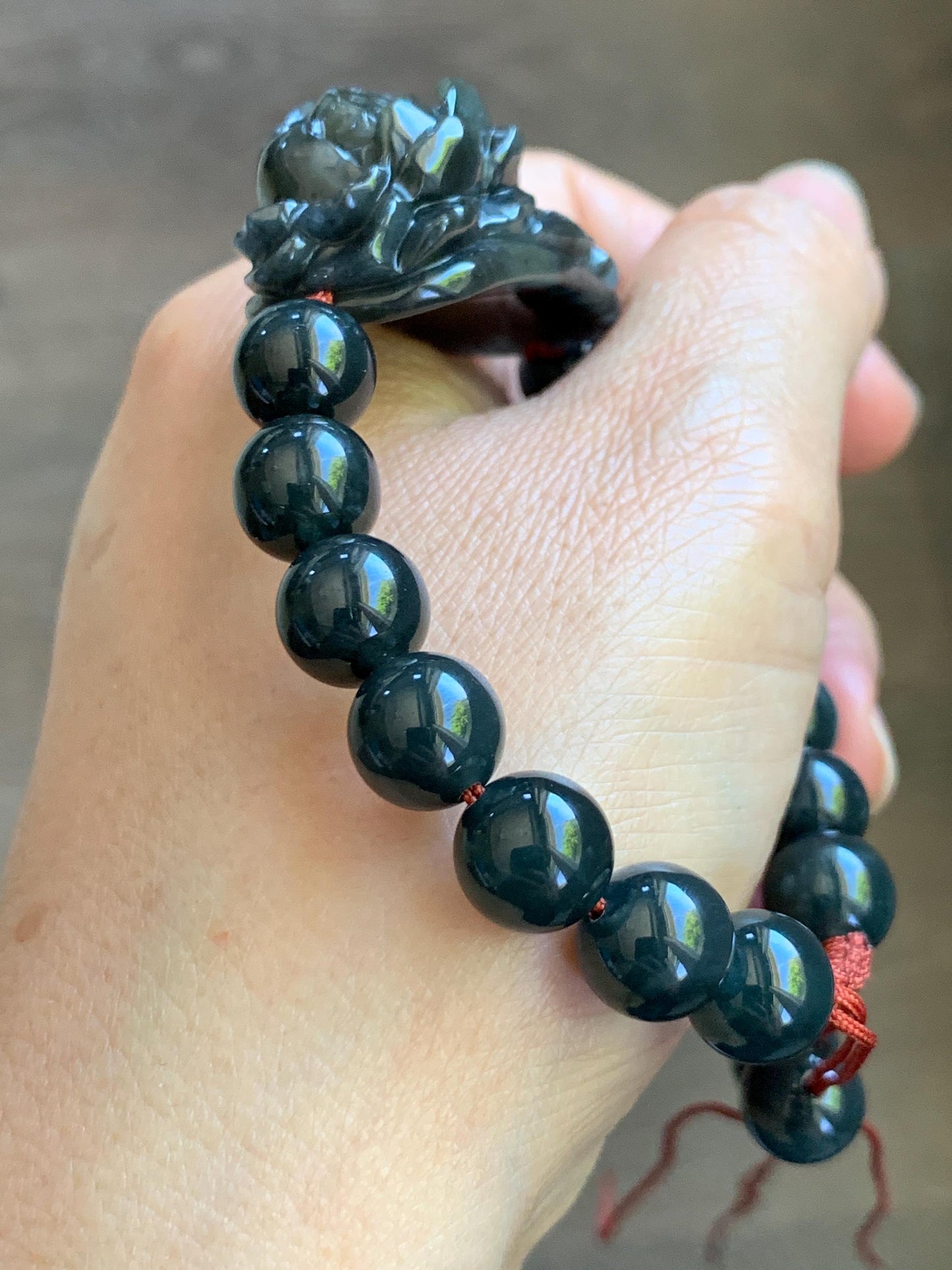 Natural Grade A Icy Translucent Dark Wuji Jade Jadeite Lotus Flower Cuff Guatemalan Wuji Jadeite Beaded Bracelet 7” 天然糯冰乌鸡翡翠莲花手牌手串 MWJ220