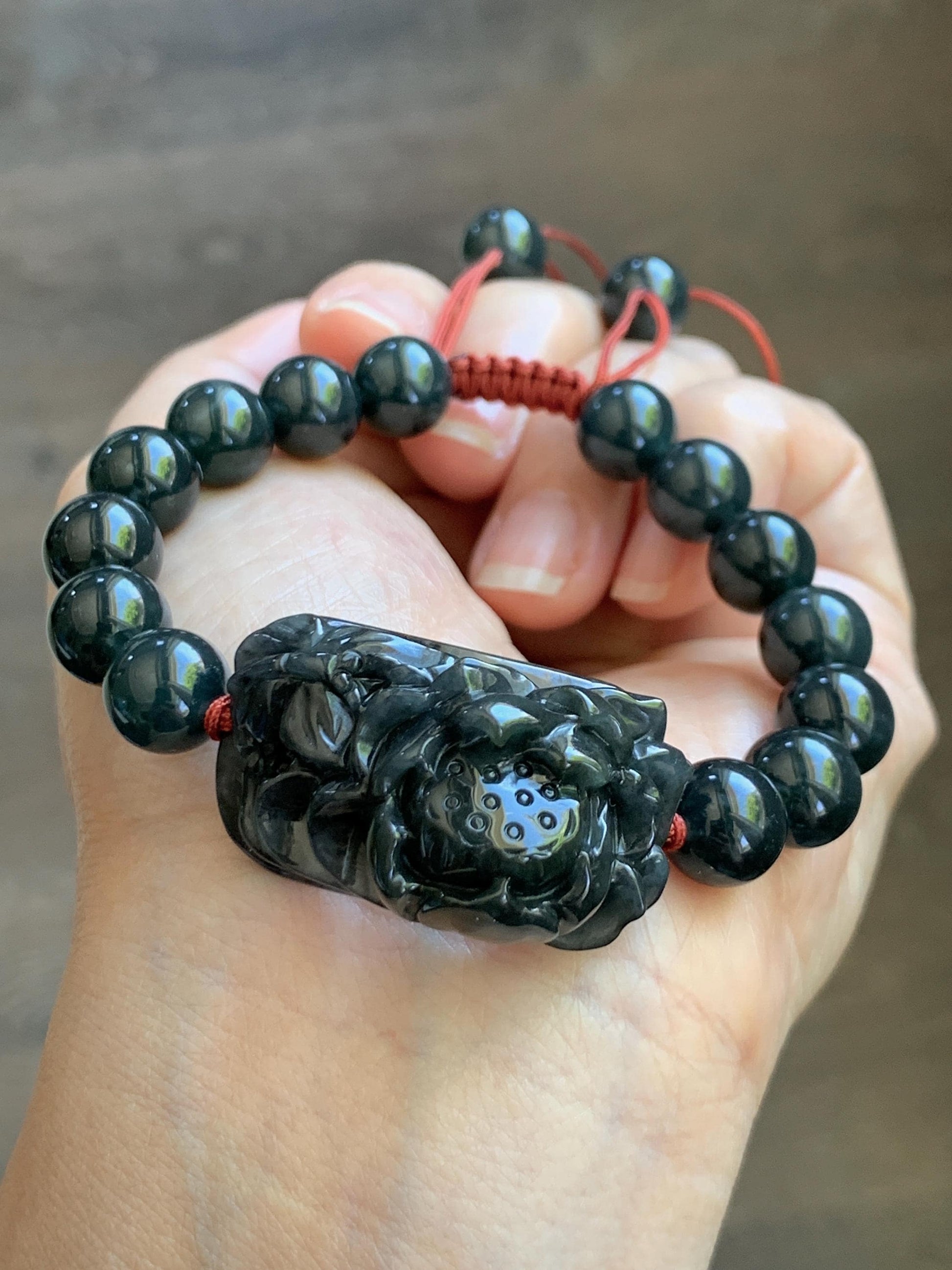 Natural Grade A Icy Translucent Dark Wuji Jade Jadeite Lotus Flower Cuff Guatemalan Wuji Jadeite Beaded Bracelet 7” 天然糯冰乌鸡翡翠莲花手牌手串 MWJ220
