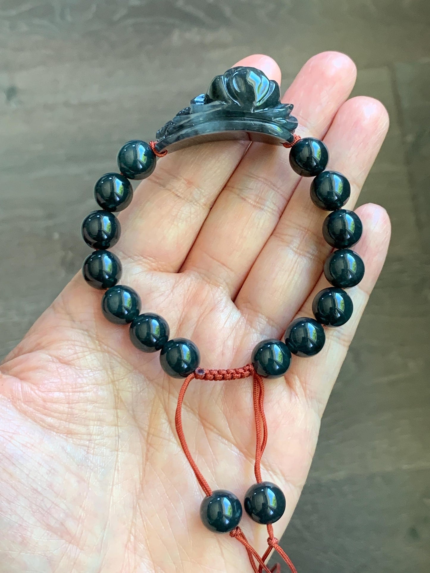 Natural Grade A Icy Translucent Dark Wuji Jade Jadeite Lotus Flower Cuff Guatemalan Wuji Jadeite Beaded Bracelet 7” 天然糯冰乌鸡翡翠莲花手牌手串 MWJ220