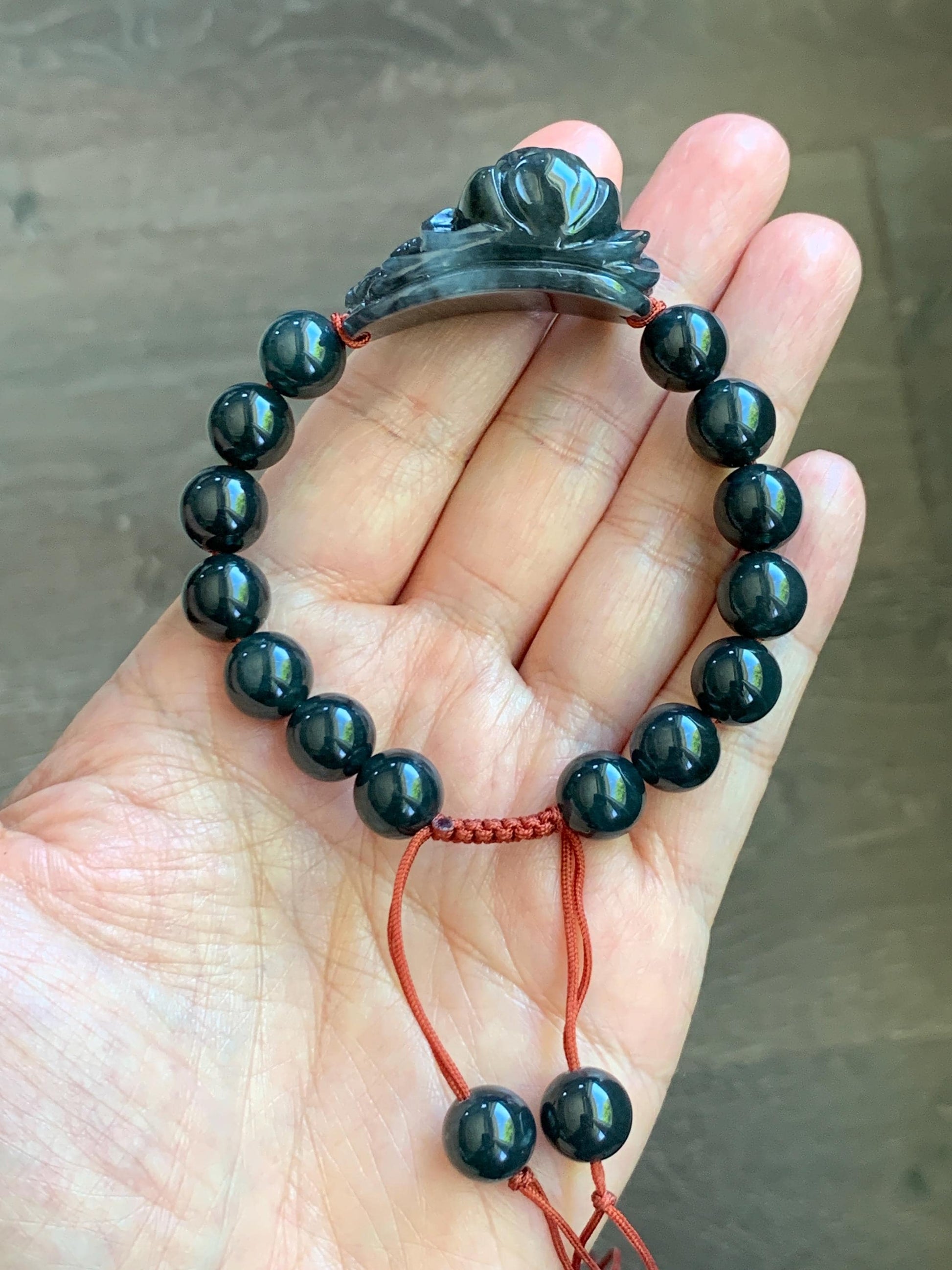 Natural Grade A Icy Translucent Dark Wuji Jade Jadeite Lotus Flower Cuff Guatemalan Wuji Jadeite Beaded Bracelet 7” 天然糯冰乌鸡翡翠莲花手牌手串 MWJ220