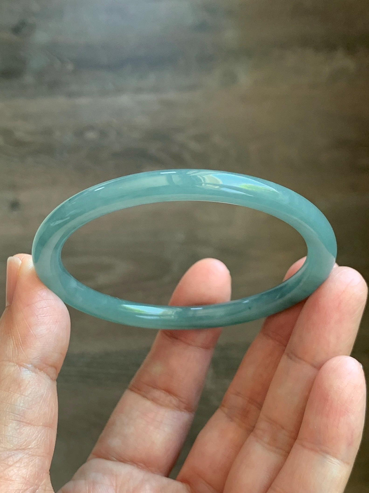 Certified Natural Grade A Guatemalan Icy Translucent Dusty Teal Jade Jadeite Slim Bangle 55.15mm 6.8” 19g 天然冰危暗蓝绿翡翠细圆条手镯 1173