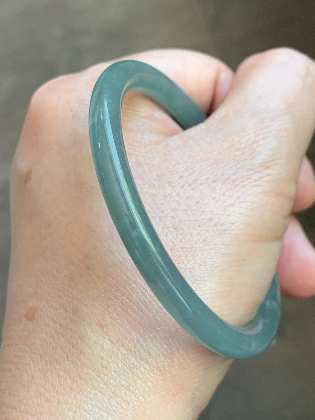 Certified Natural Grade A Guatemalan Icy Translucent Dusty Teal Jade Jadeite Slim Bangle 55.15mm 6.8” 19g 天然冰危暗蓝绿翡翠细圆条手镯 1173