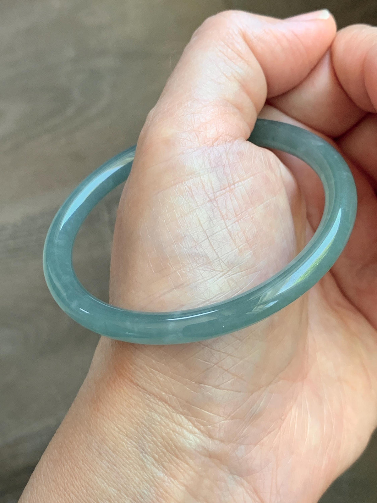 Certified Natural Grade A Guatemalan Icy Translucent Dusty Teal Jade Jadeite Slim Bangle 55.15mm 6.8” 19g 天然冰危暗蓝绿翡翠细圆条手镯 1173