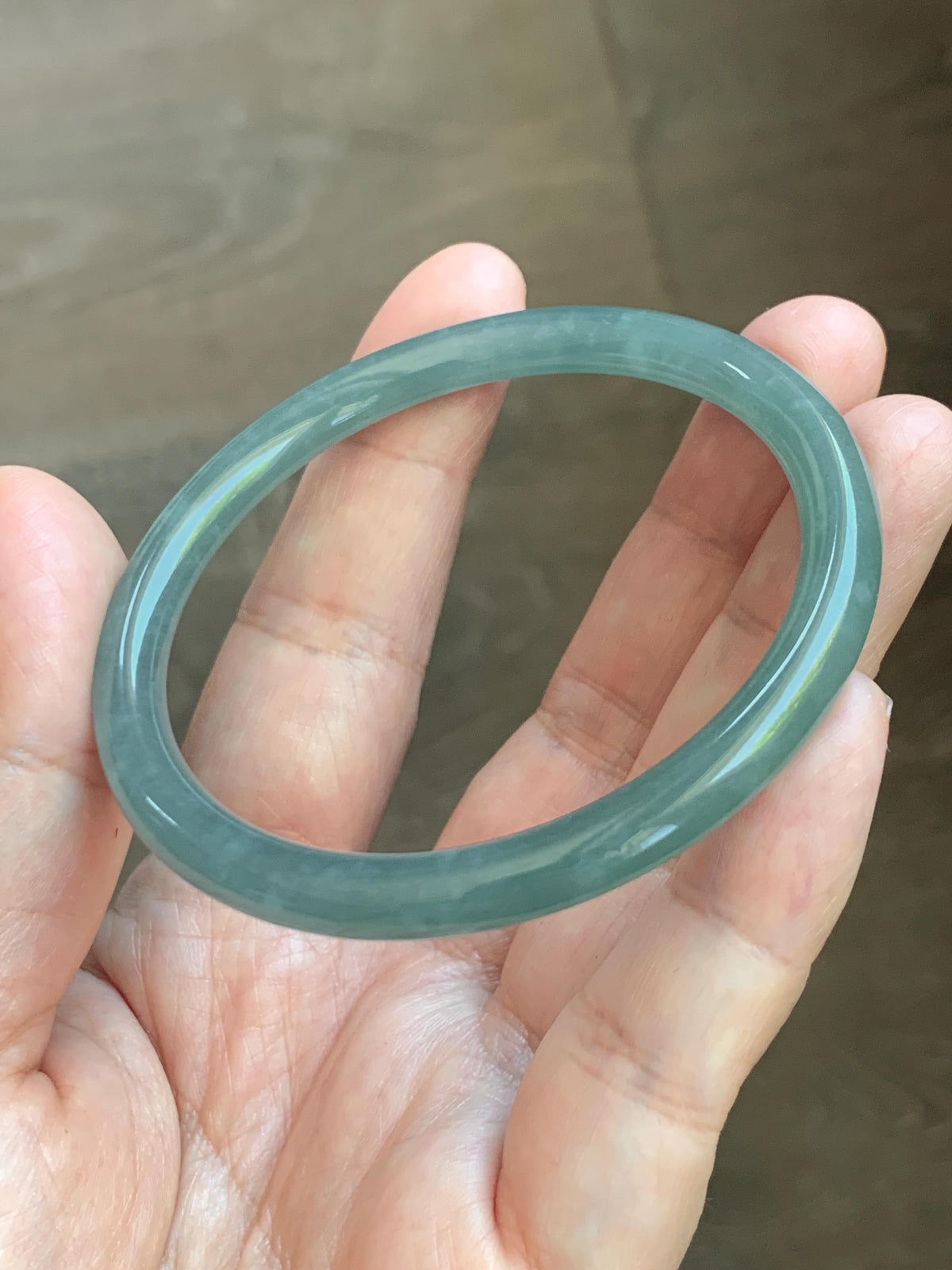 Certified Natural Grade A Guatemalan Icy Translucent Dusty Teal Jade Jadeite Slim Bangle 55.15mm 6.8” 19g 天然冰危暗蓝绿翡翠细圆条手镯 1173